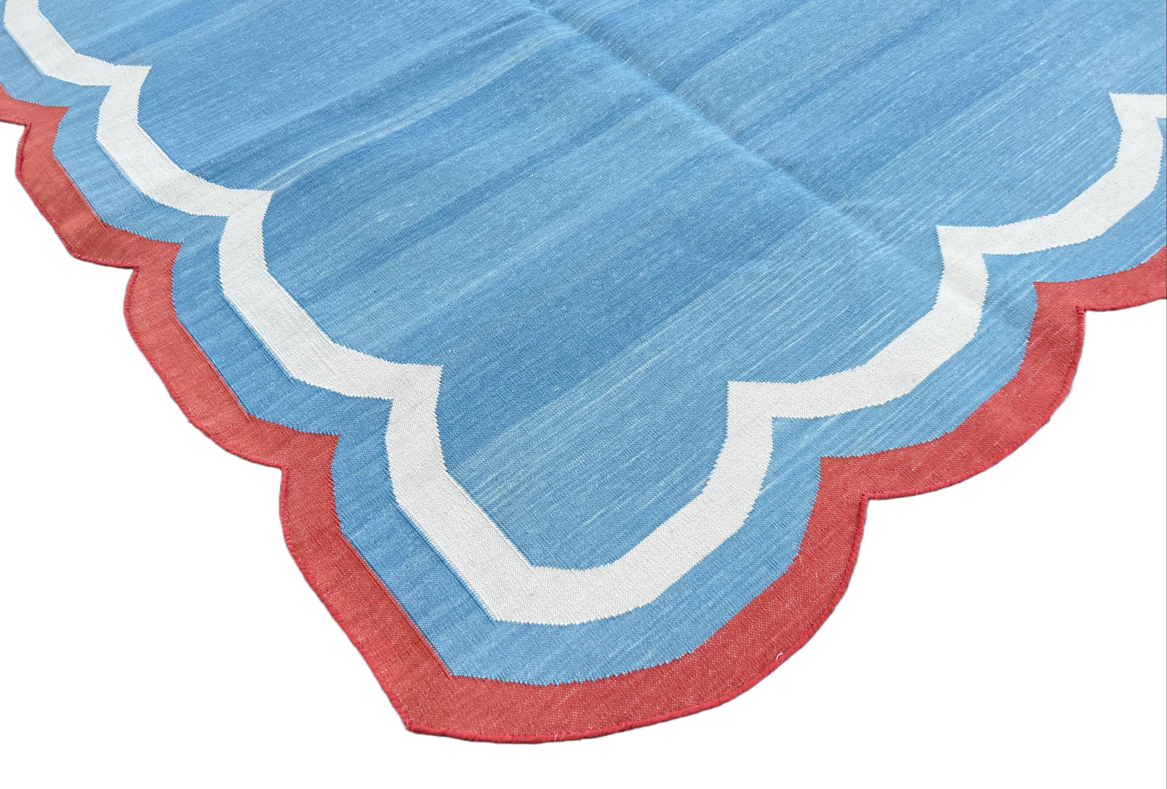 Hand-Woven Handmade Cotton Area Flat Weave Rug, Sky Blue And Red Scalloped Indian Dhurrie For Sale