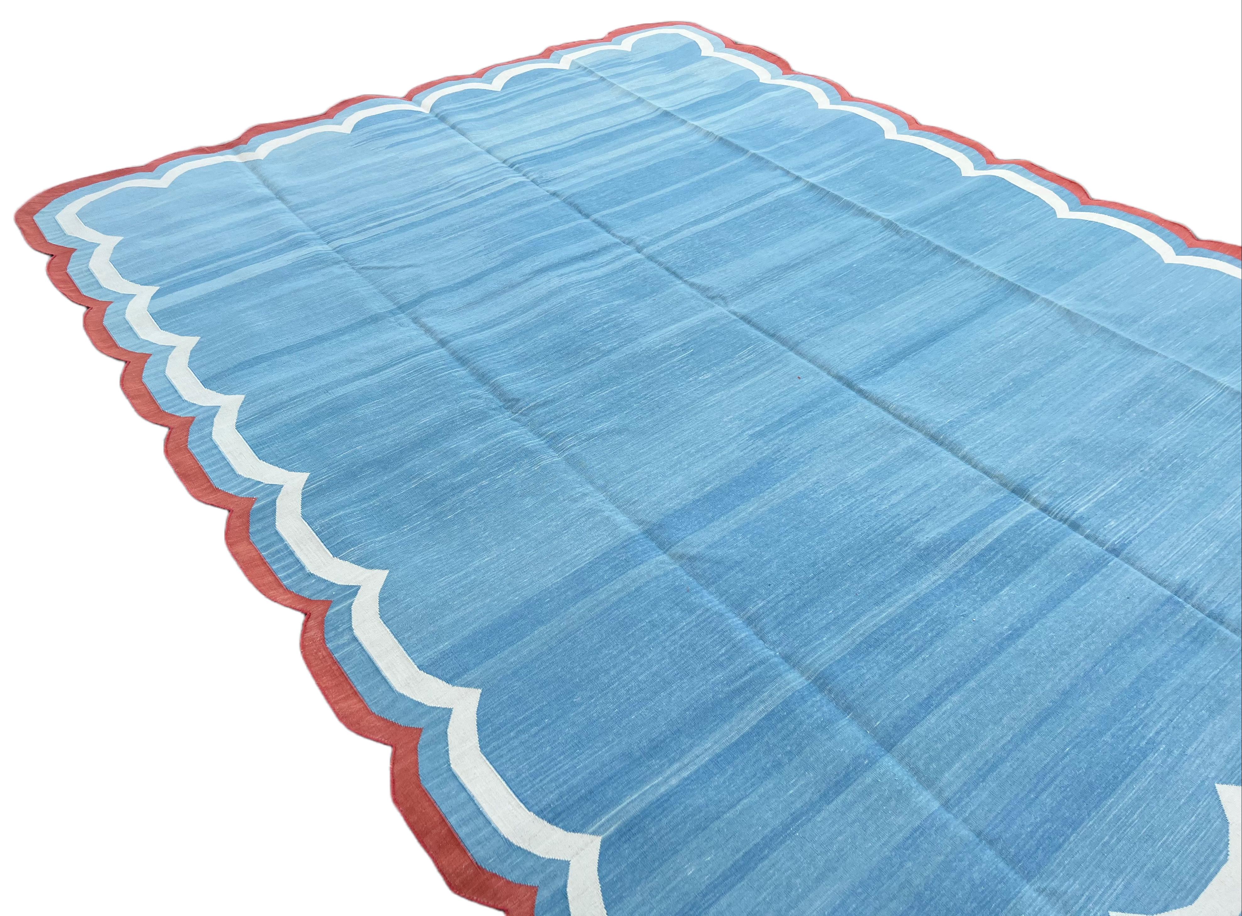 Contemporary Handmade Cotton Area Flat Weave Rug, Sky Blue And Red Scalloped Indian Dhurrie For Sale