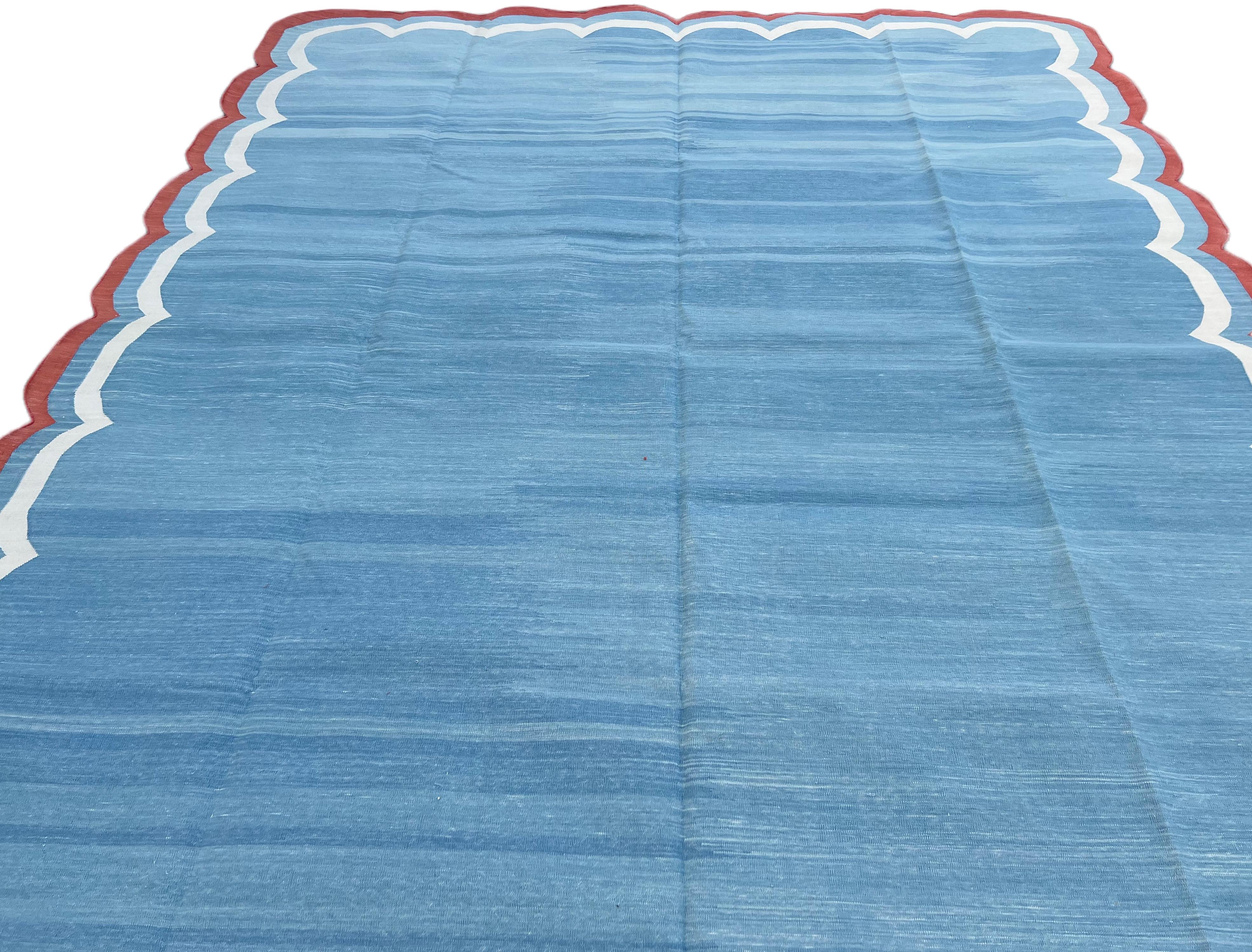 Handmade Cotton Area Flat Weave Rug, Sky Blue And Red Scalloped Indian Dhurrie For Sale 1