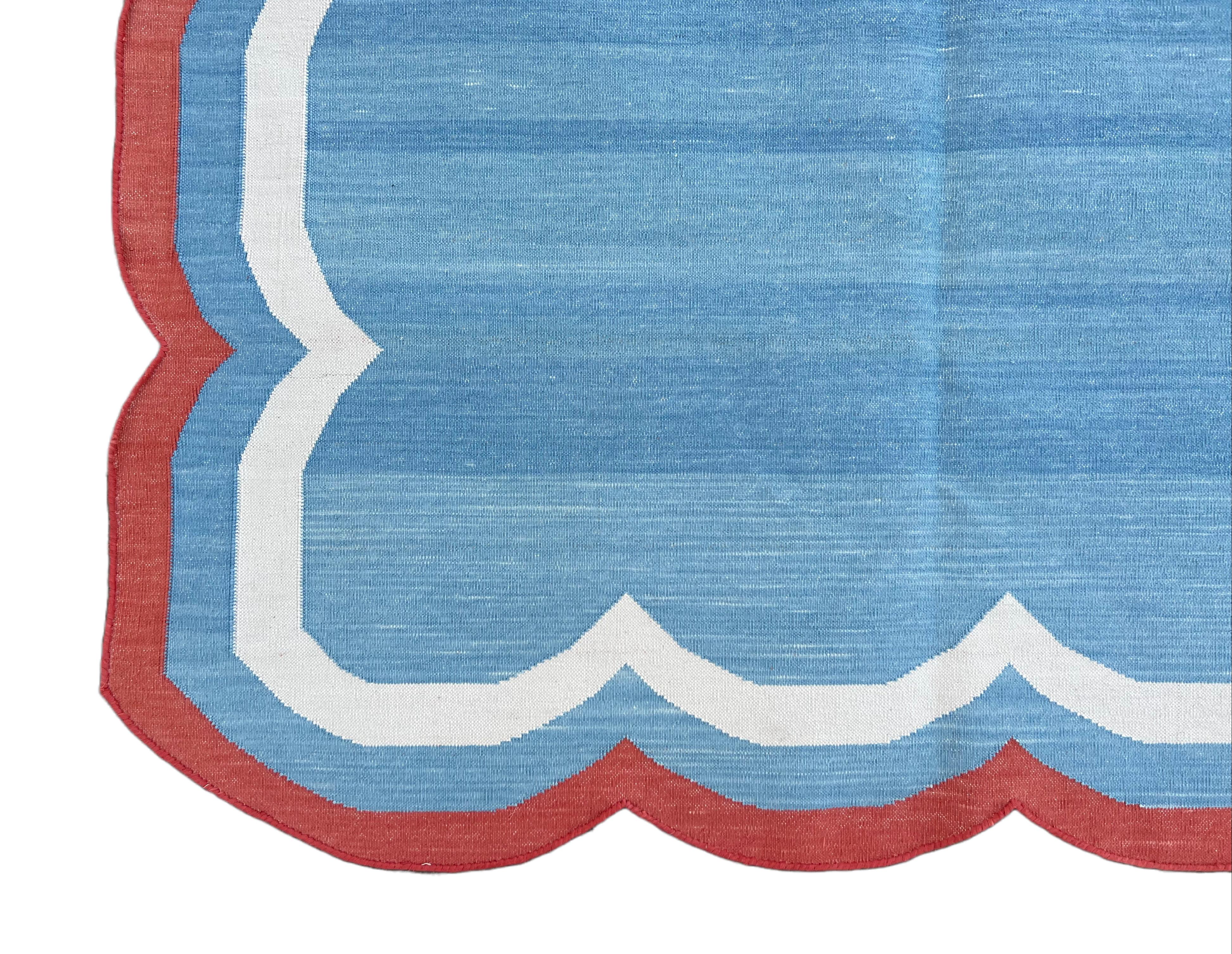 Handmade Cotton Area Flat Weave Rug, Sky Blue And Red Scalloped Indian Dhurrie For Sale 2