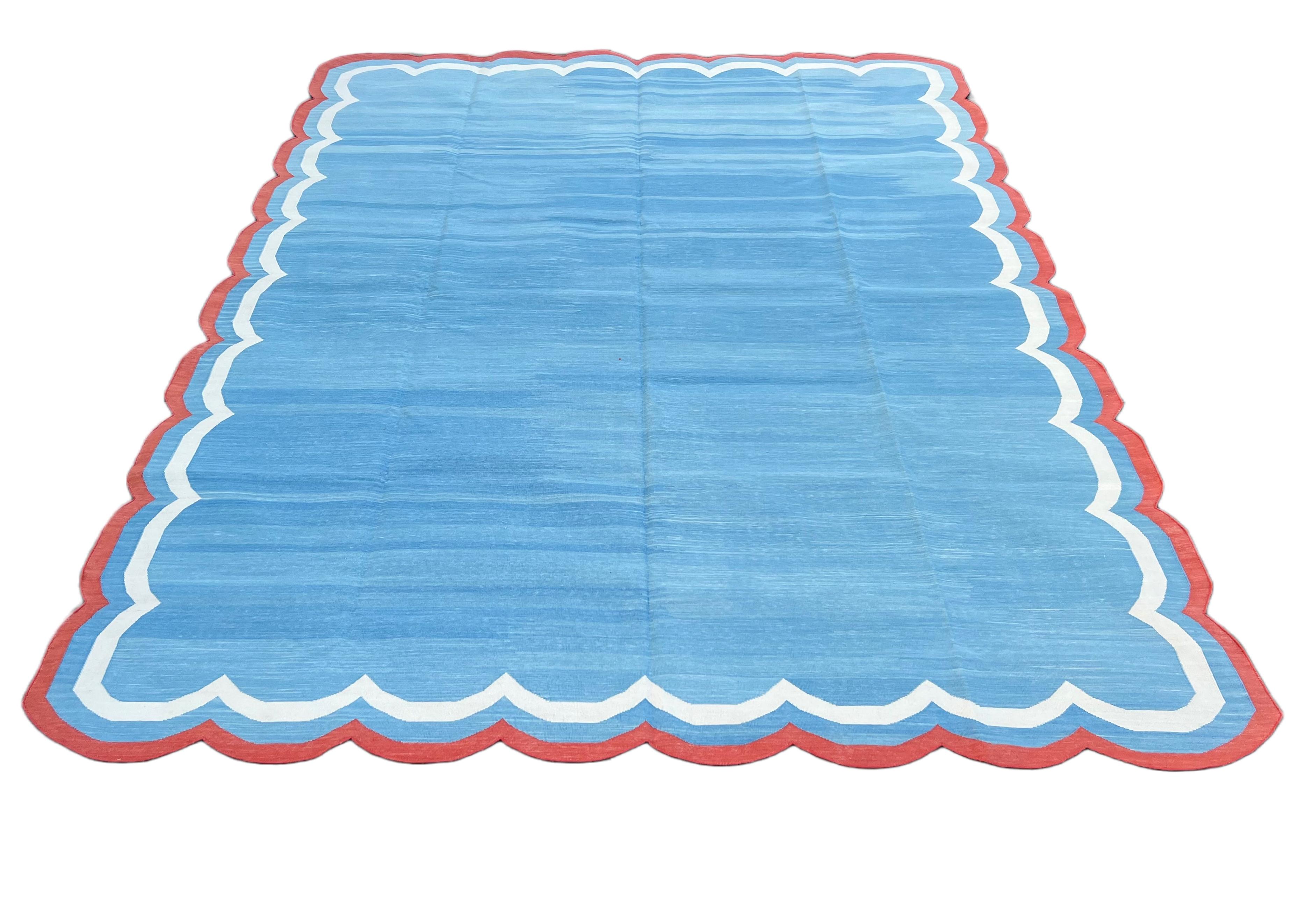 Handmade Cotton Area Flat Weave Rug, Sky Blue And Red Scalloped Indian Dhurrie For Sale 4