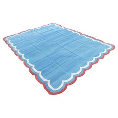 Handmade Cotton Area Flat Weave Rug, 8x10 Sky Blue, Red Scalloped Indian Dhurrie