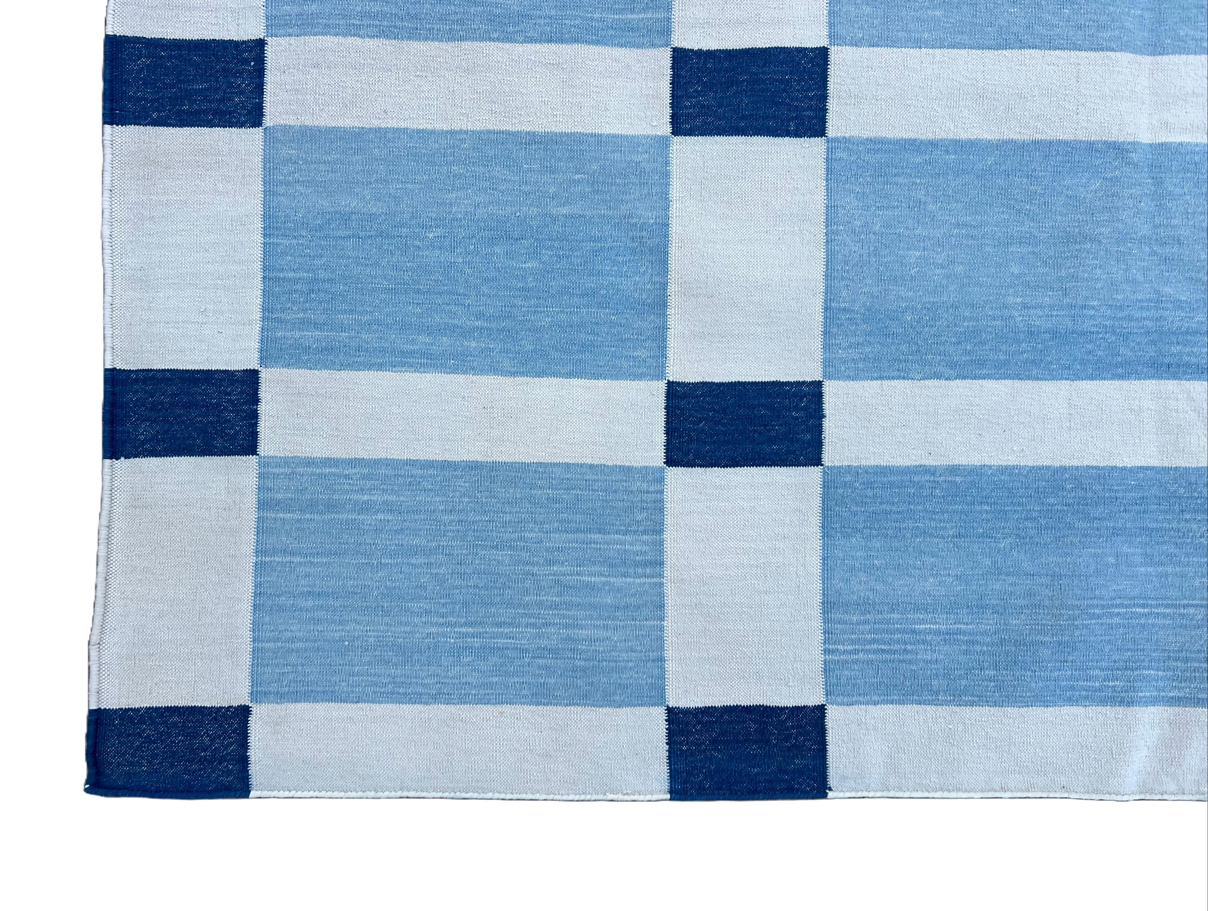 Handmade Cotton Area Flat Weave Rug, Sky Blue And White Geometric Indian Dhurrie For Sale 4