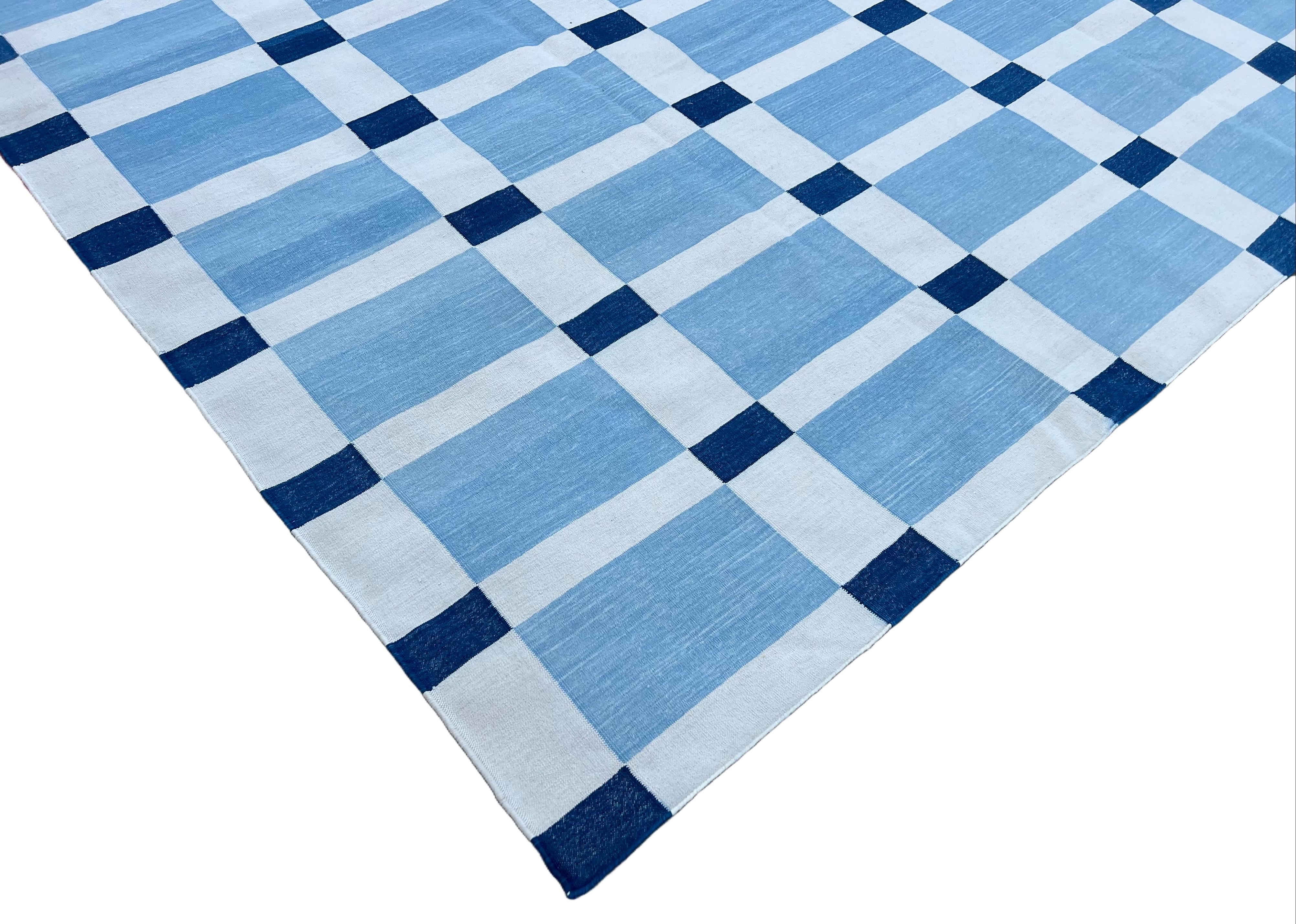 Handmade Cotton Area Flat Weave Rug, Sky Blue And White Geometric Indian Dhurrie For Sale 7