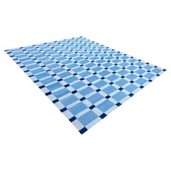 Handmade Cotton Area Flat Weave Rug, Sky Blue And White Geometric Indian Dhurrie