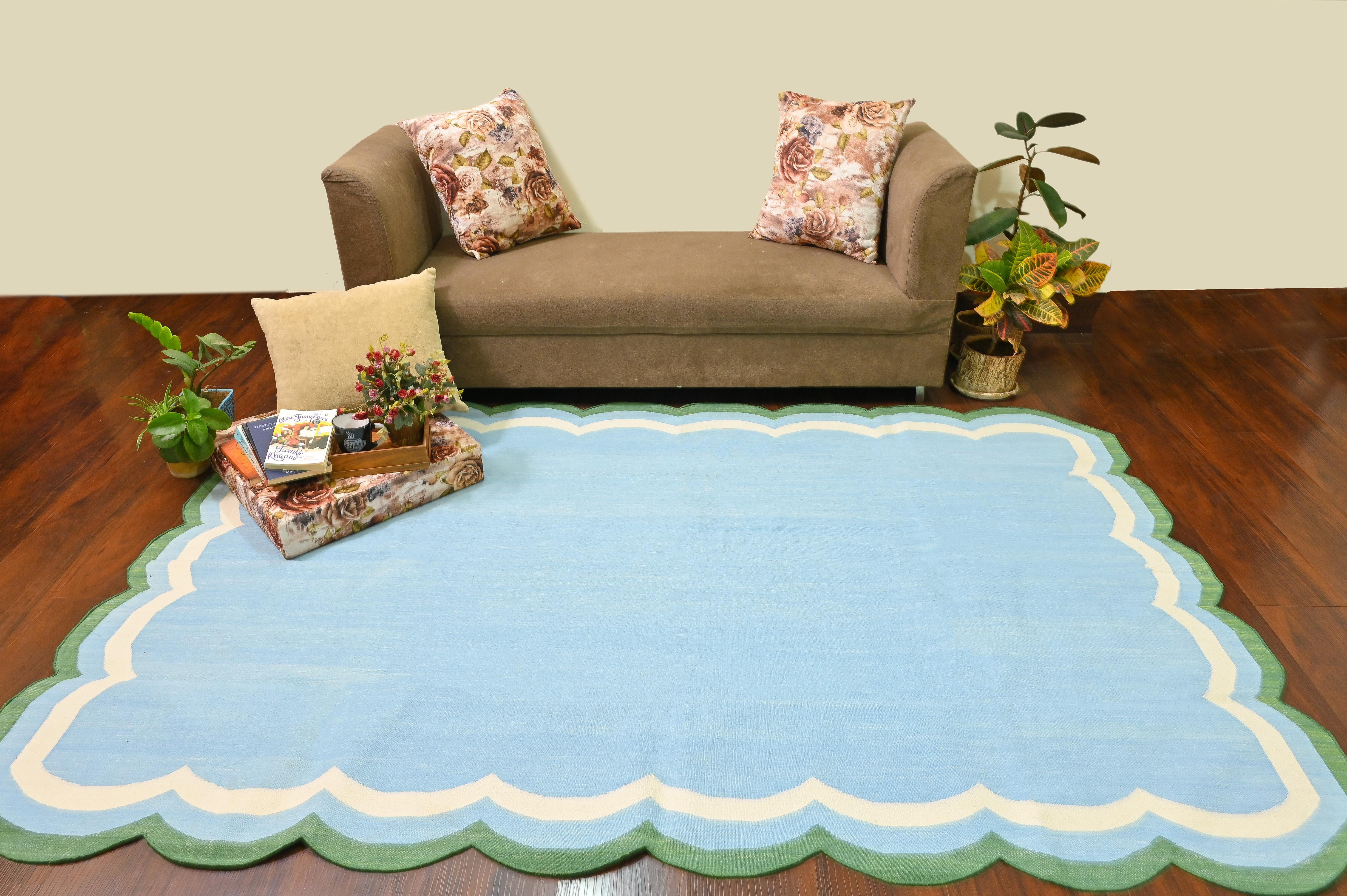 Handmade Cotton Area Flat Weave Rug, Sky Blue And White Scalloped Indian Dhurrie For Sale 4