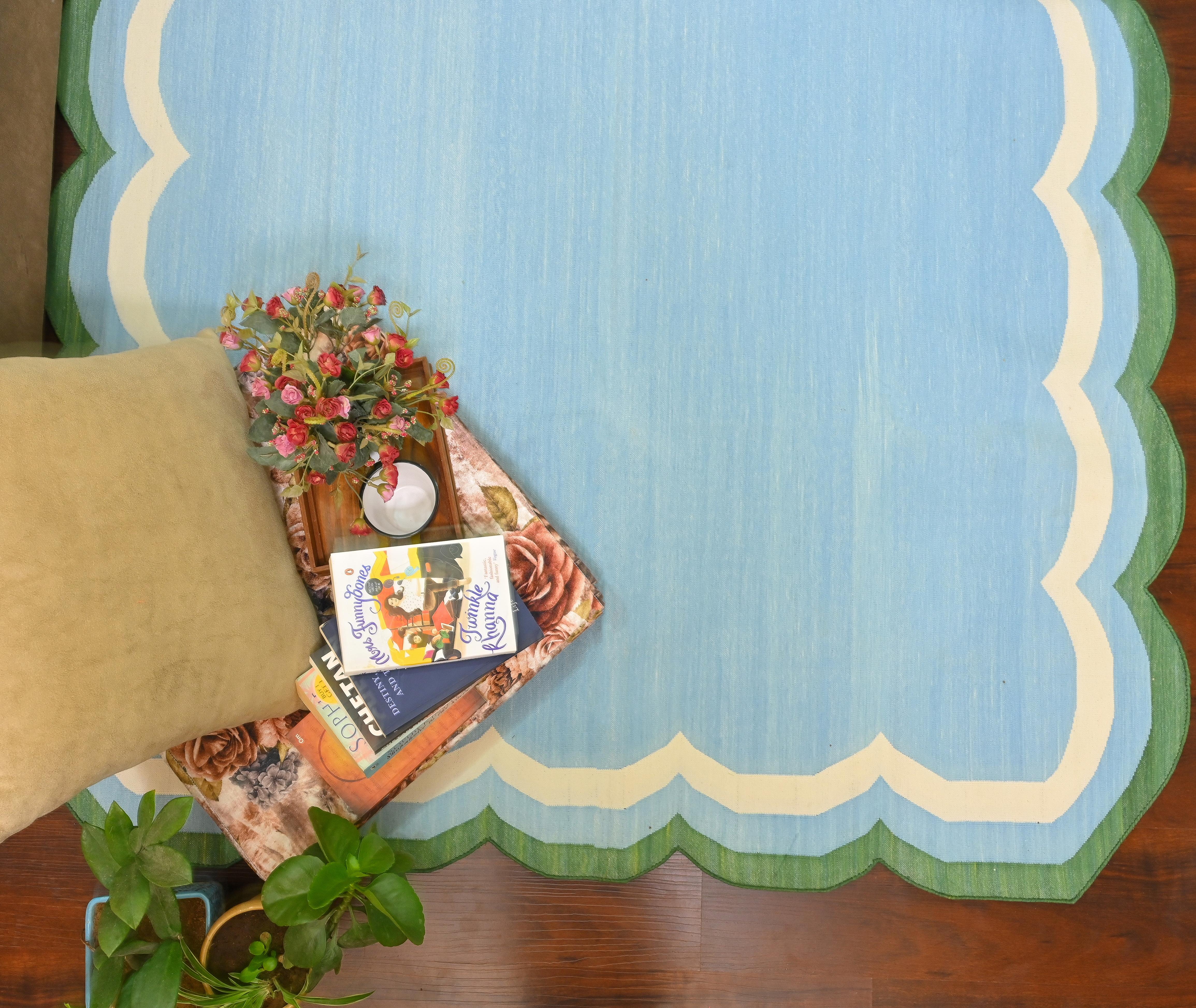 Handmade Cotton Area Flat Weave Rug, Sky Blue And White Scalloped Indian Dhurrie For Sale 5