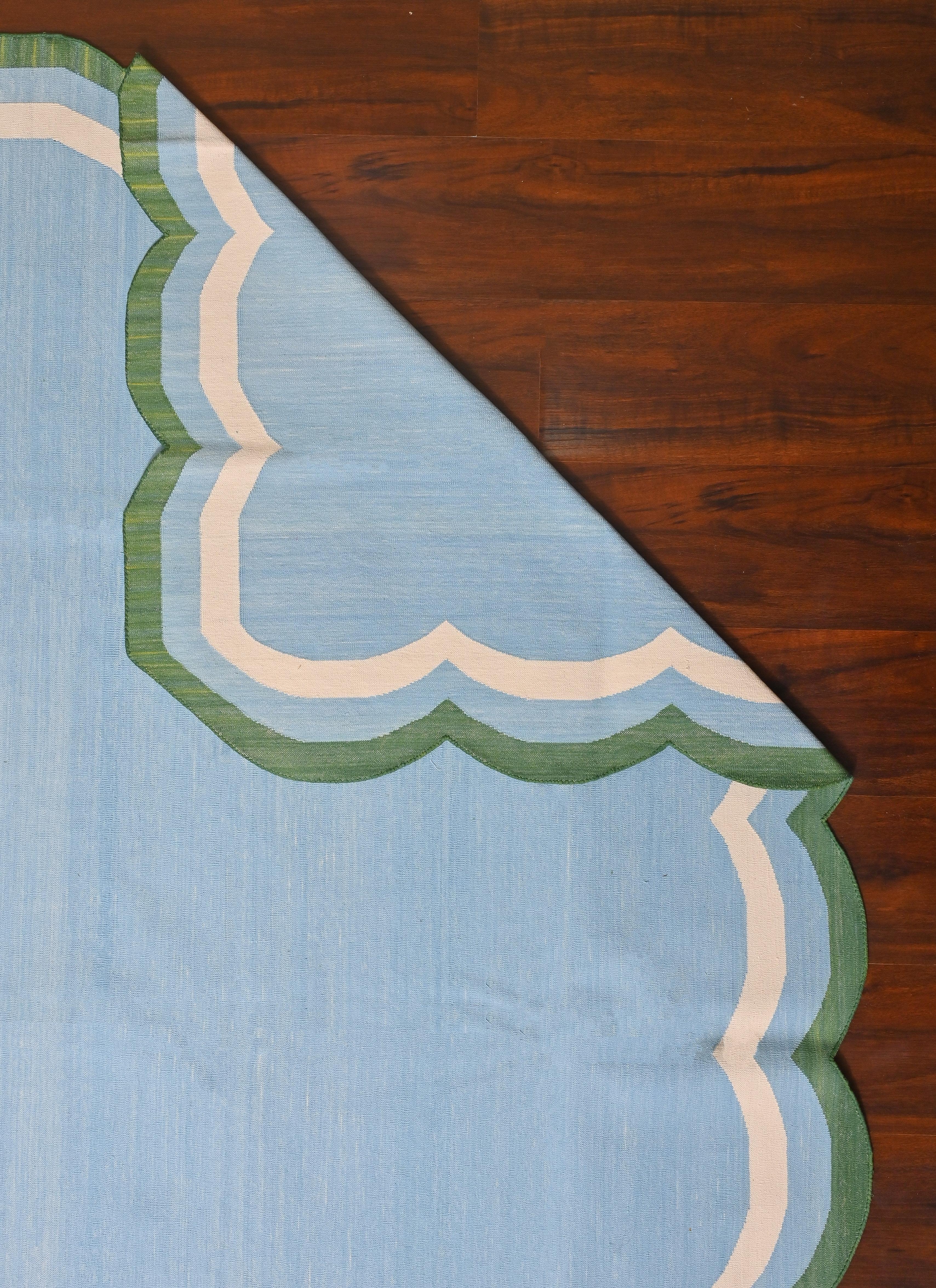 Mid-Century Modern Handmade Cotton Area Flat Weave Rug, Sky Blue And White Scalloped Indian Dhurrie For Sale