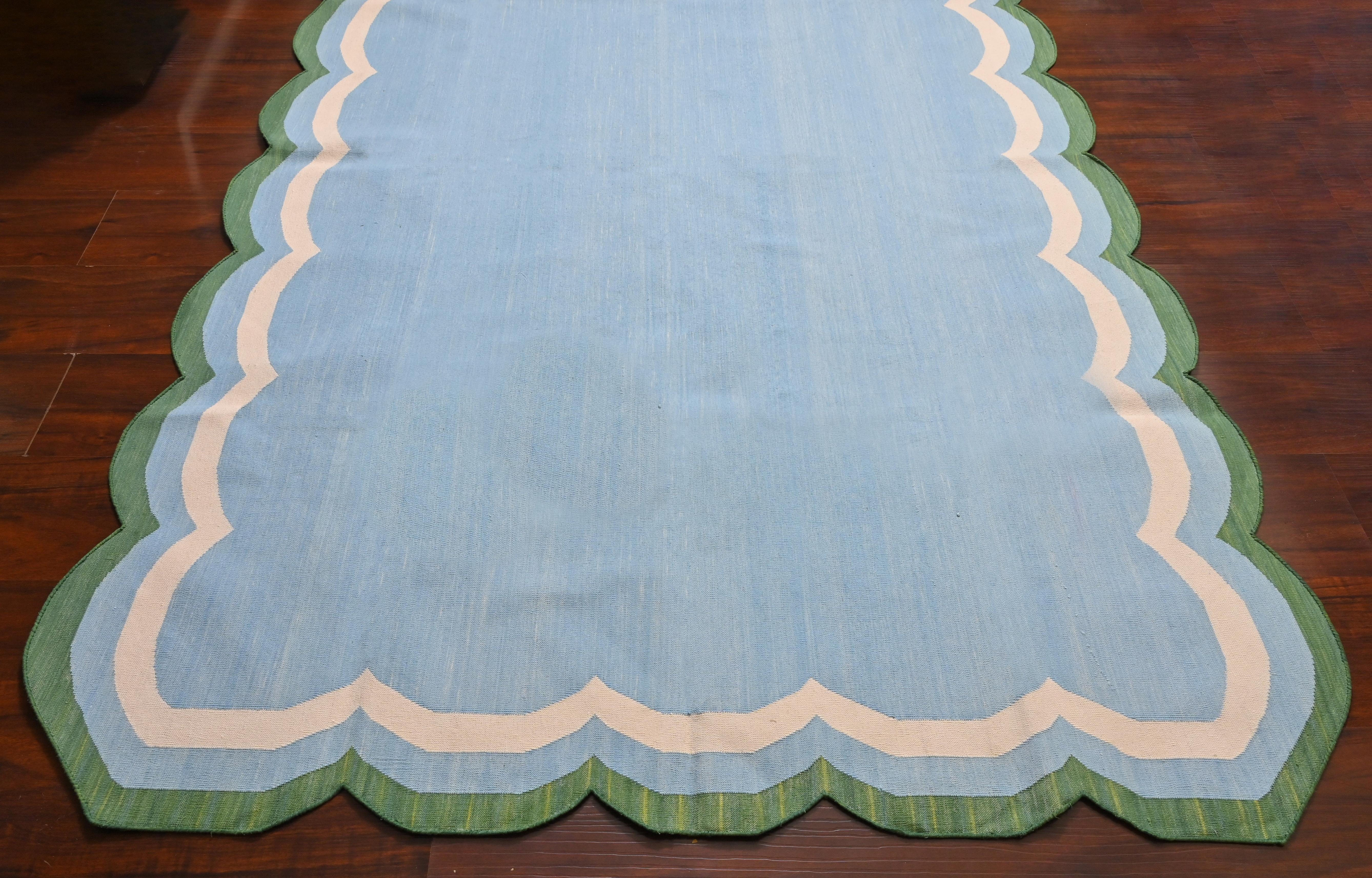 Contemporary Handmade Cotton Area Flat Weave Rug, Sky Blue And White Scalloped Indian Dhurrie For Sale