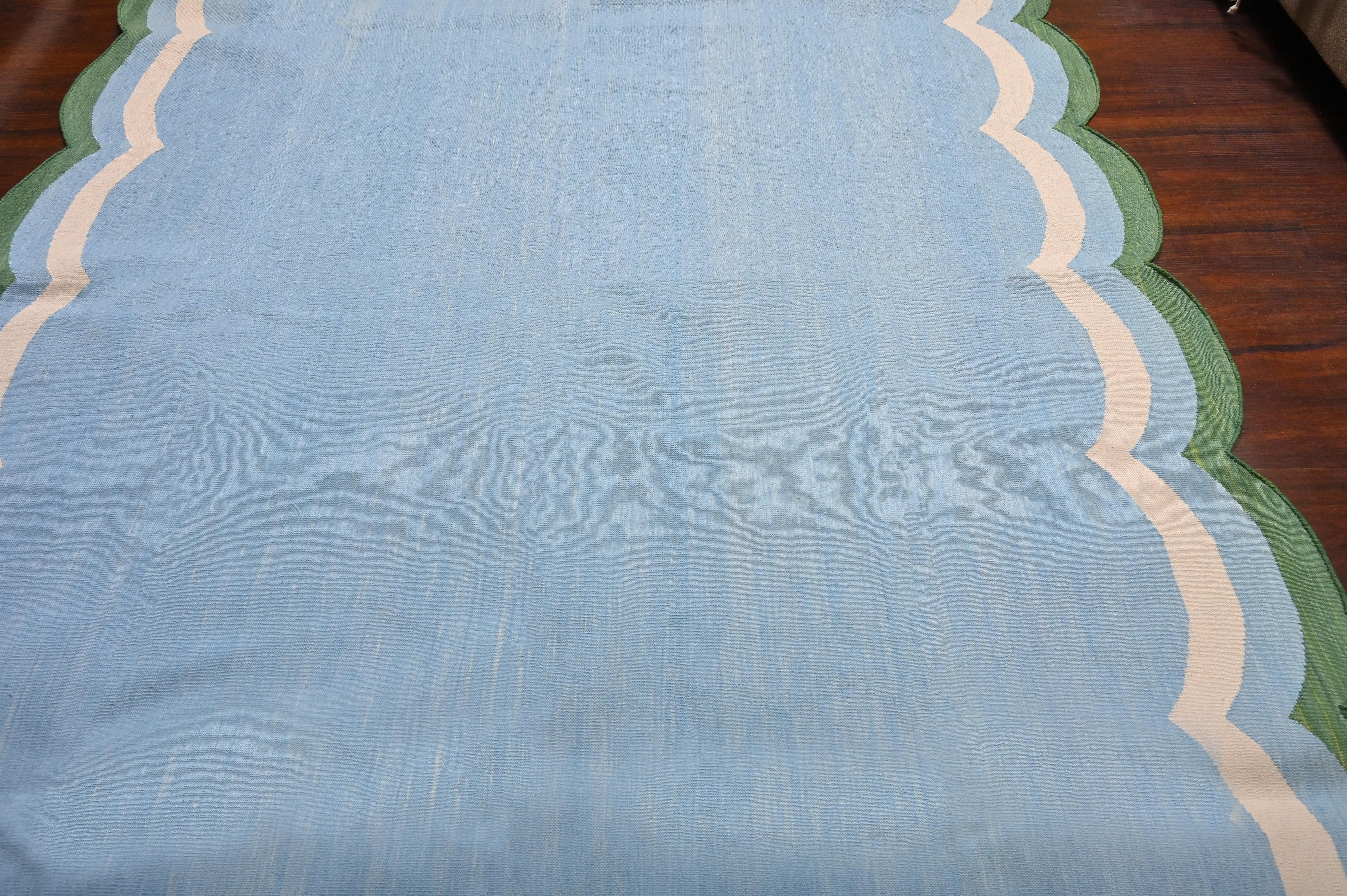 Handmade Cotton Area Flat Weave Rug, Sky Blue And White Scalloped Indian Dhurrie For Sale 1
