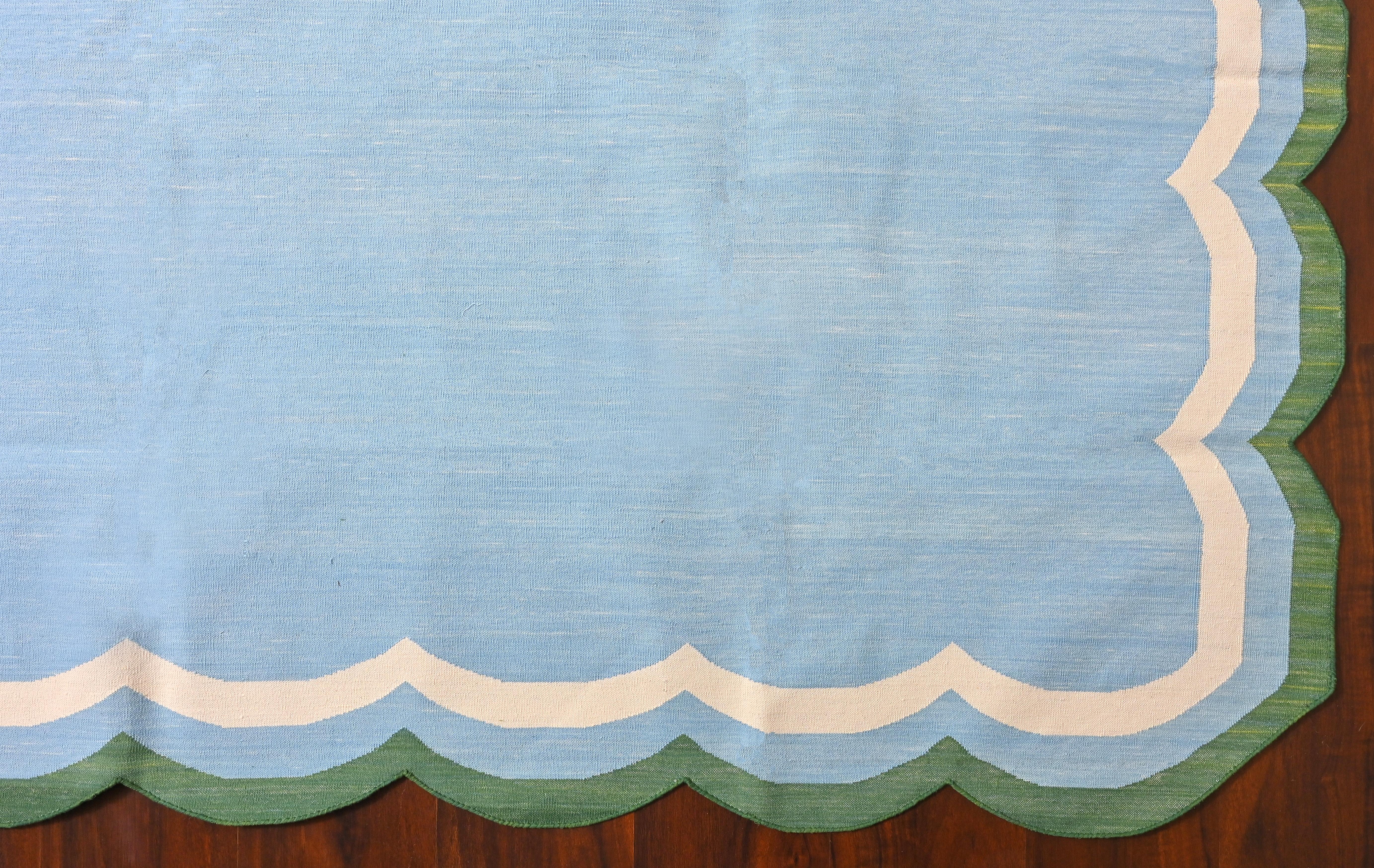 Handmade Cotton Area Flat Weave Rug, Sky Blue And White Scalloped Indian Dhurrie For Sale 2