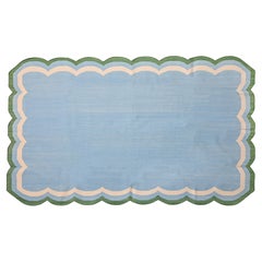 Handmade Cotton Area Flat Weave Rug, Sky Blue And White Scalloped Indian Dhurrie