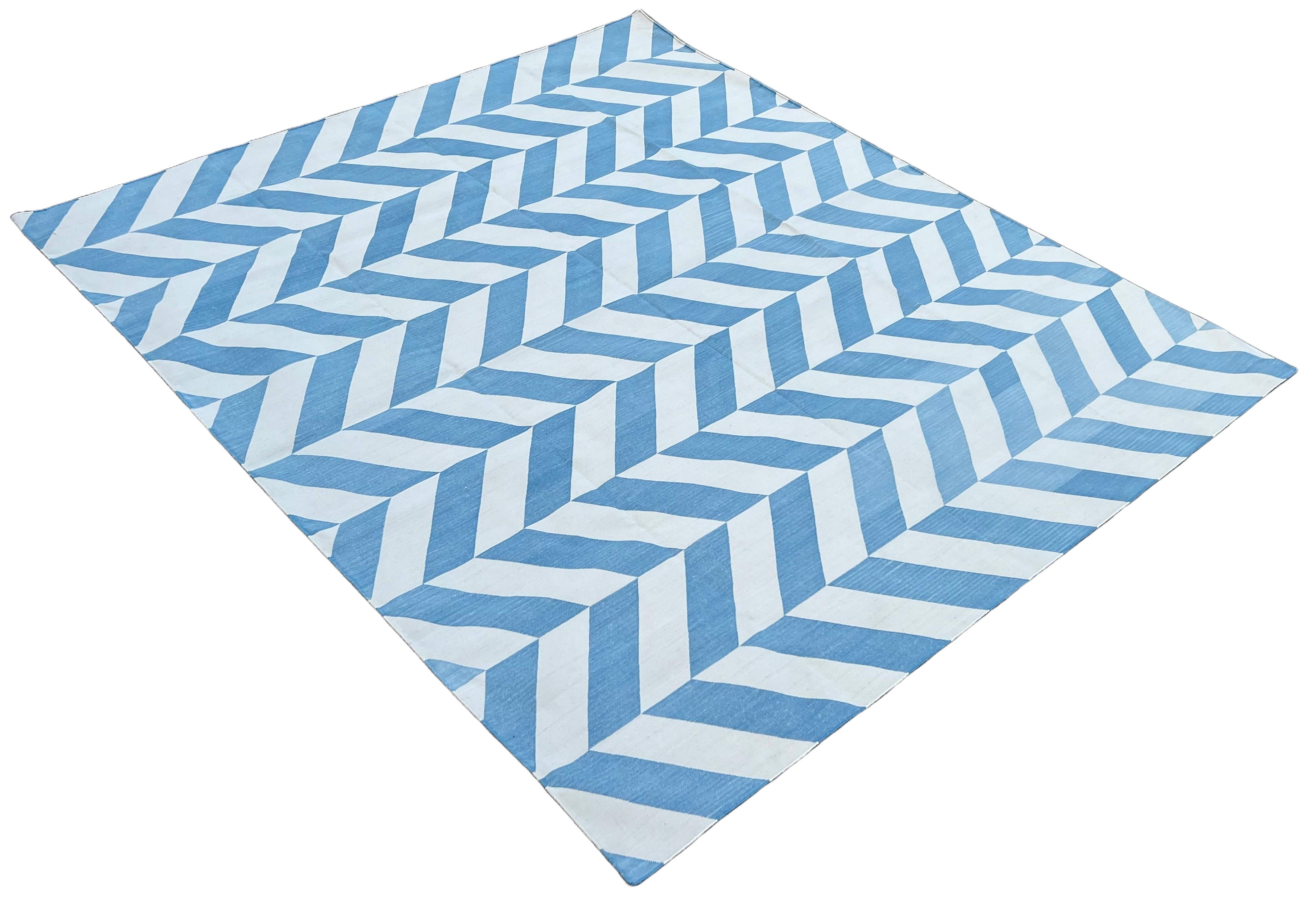 Mid-Century Modern Handmade Cotton Area Flat Weave Rug, Sky Blue And White Zig Zag Striped Dhurrie For Sale