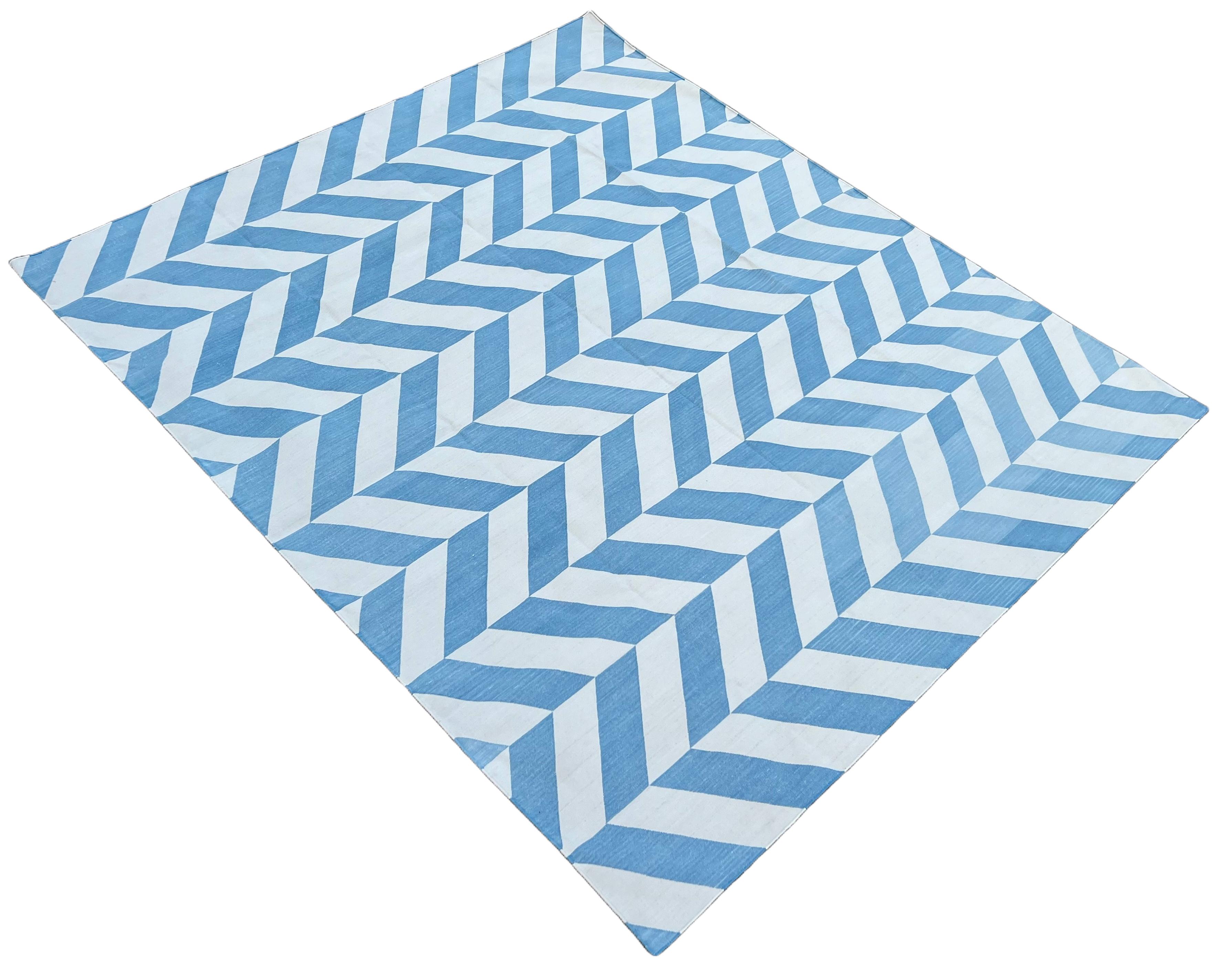 Indian Handmade Cotton Area Flat Weave Rug, Sky Blue And White Zig Zag Striped Dhurrie For Sale