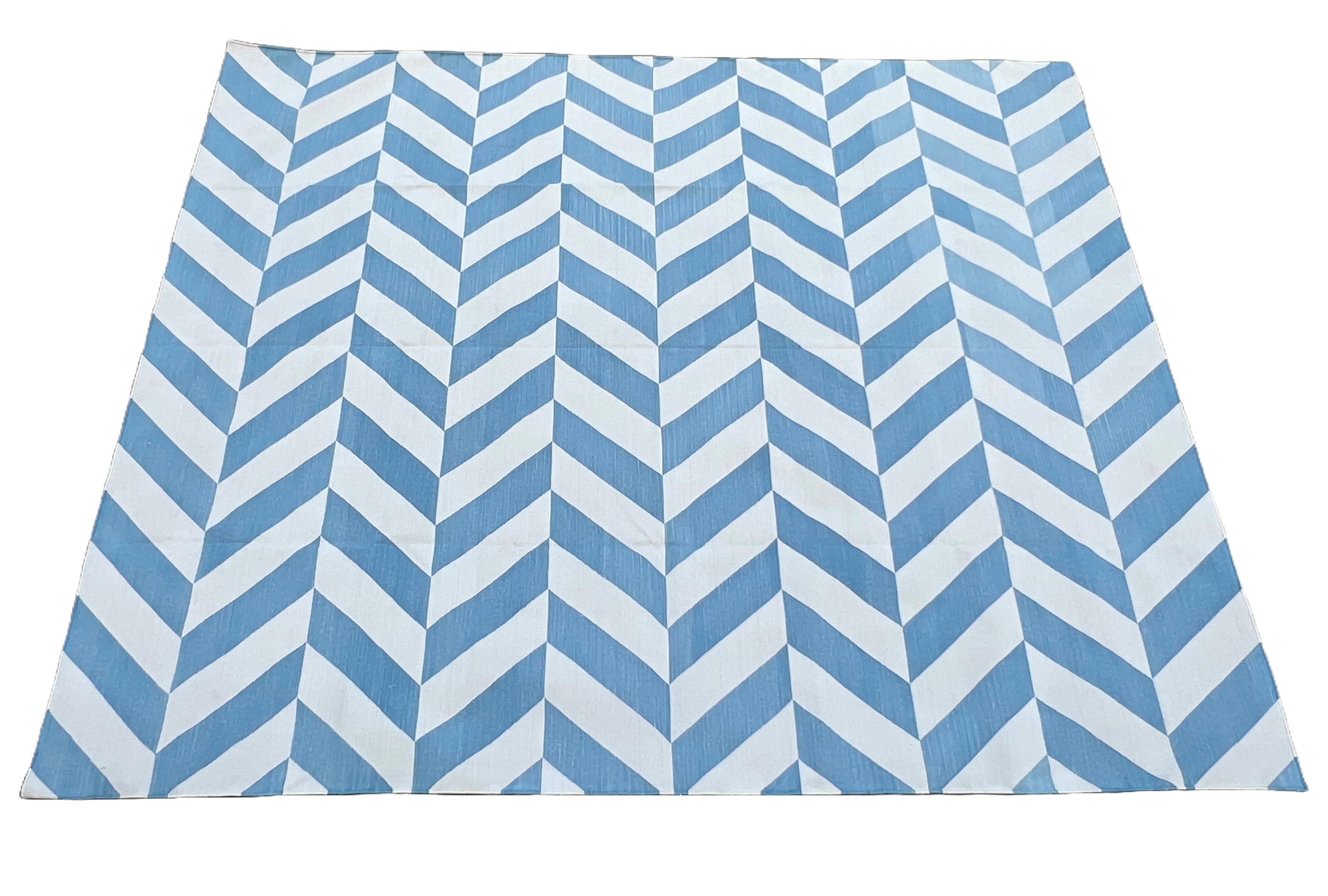 Hand-Woven Handmade Cotton Area Flat Weave Rug, Sky Blue And White Zig Zag Striped Dhurrie For Sale
