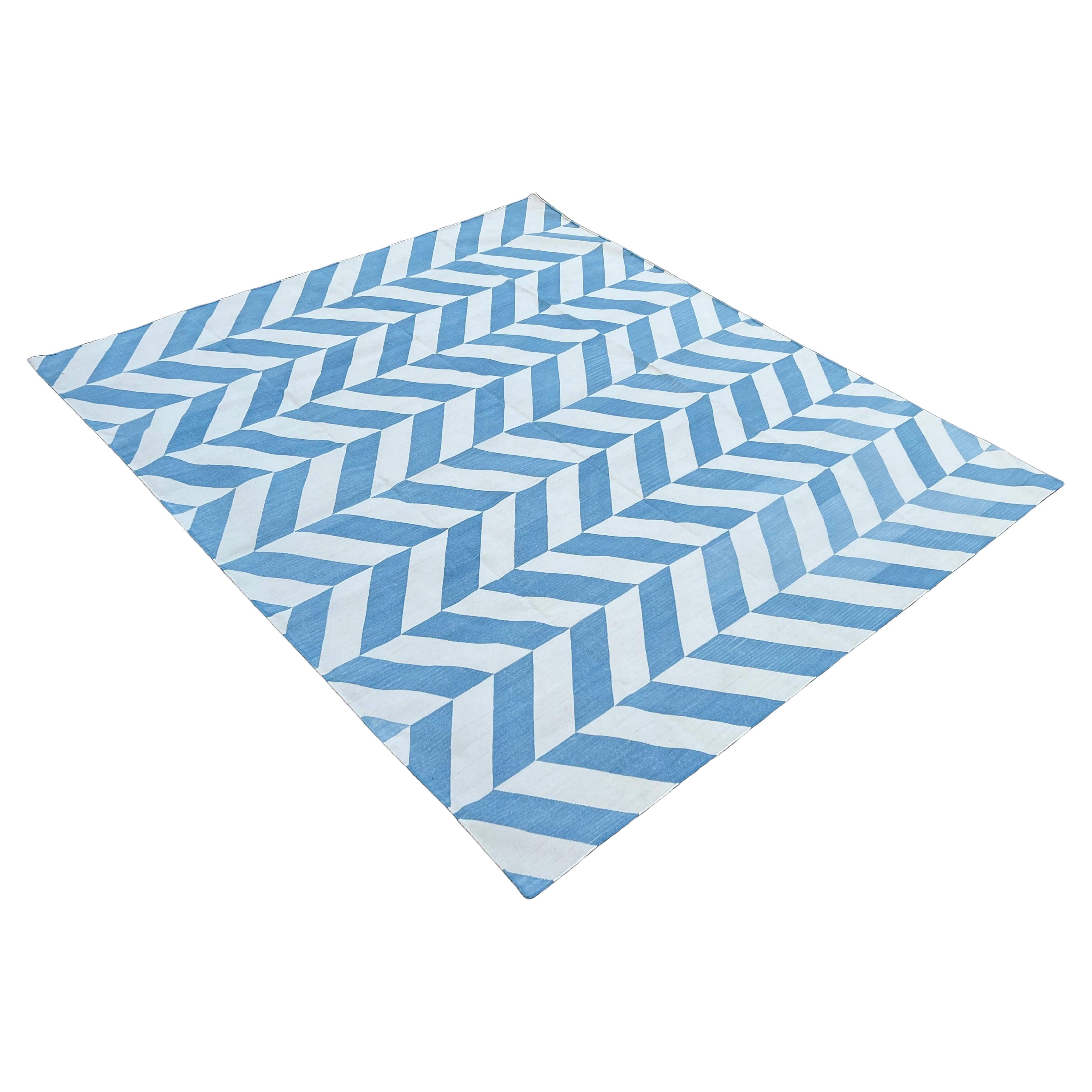 Handmade Cotton Area Flat Weave Rug, Sky Blue And White Zig Zag Striped Dhurrie For Sale