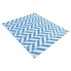 Handmade Cotton Area Flat Weave Rug, Sky Blue And White Zig Zag Striped Dhurrie