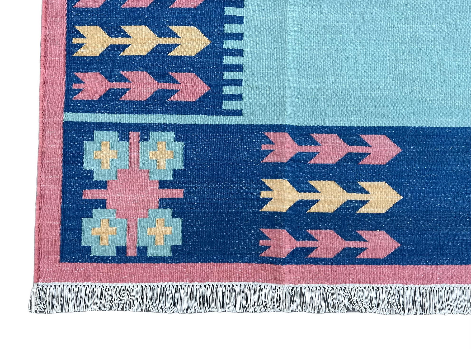 Handmade Cotton Area Flat Weave Rug, Sky Blue & Pink Leaf Pattern Indian Dhurrie For Sale 4