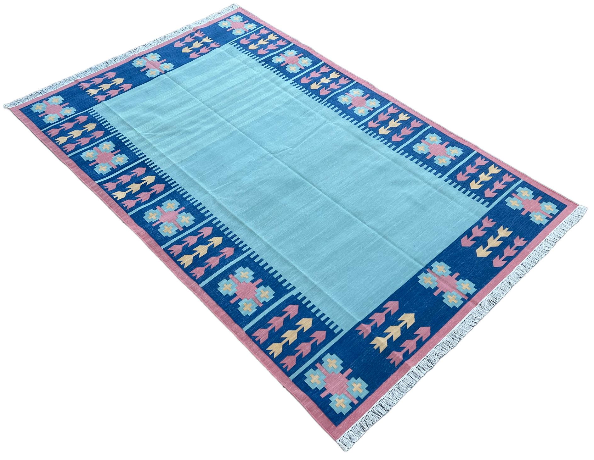 Cotton Natural Vegetable Dyed Blue And Pink Leaf Patterned Indian Rug-6'x9'
These special flat-weave dhurries are hand-woven with 15 ply 100% cotton yarn. Due to the special manufacturing techniques used to create our rugs, the size and color of