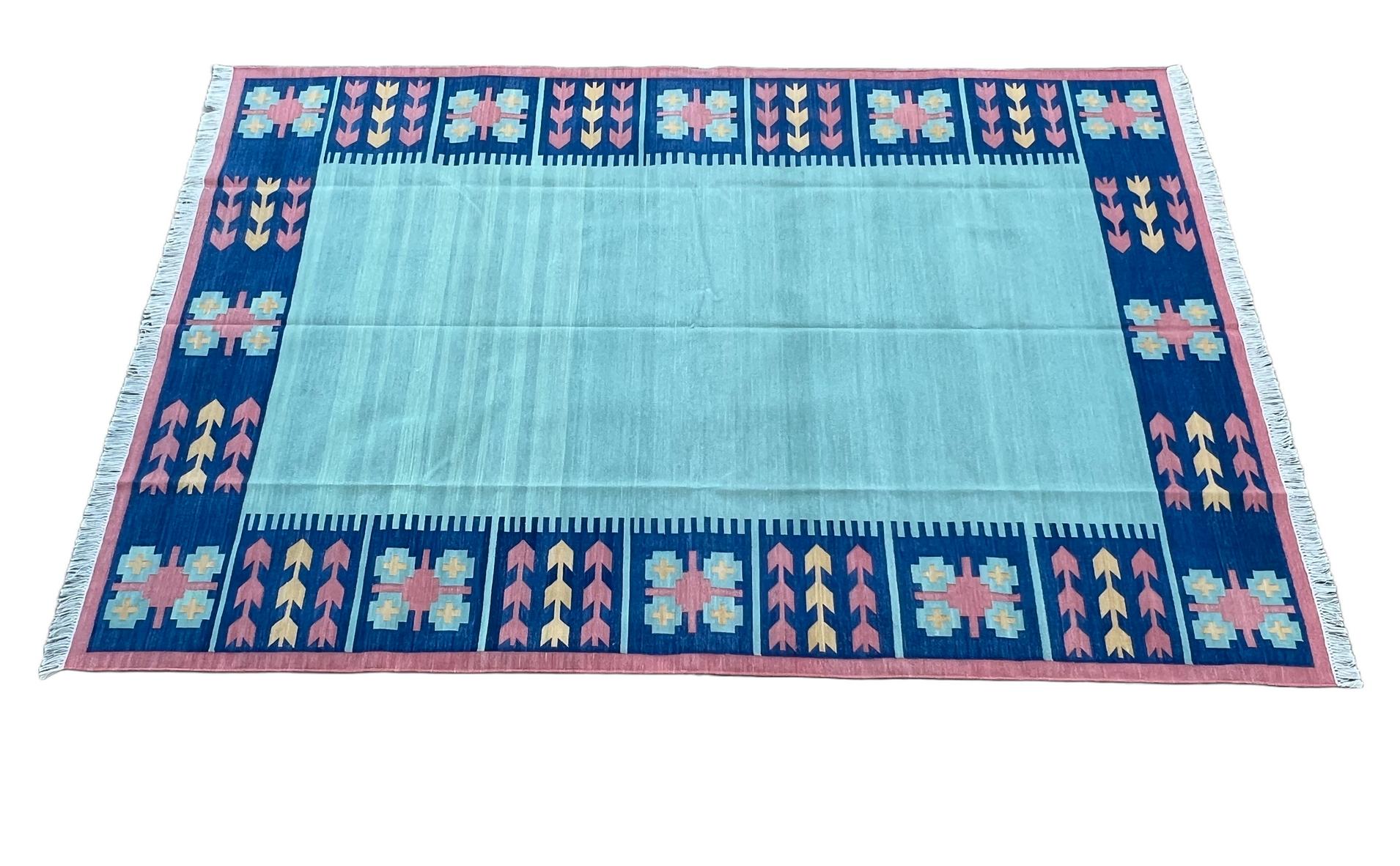 Mid-Century Modern Handmade Cotton Area Flat Weave Rug, Sky Blue & Pink Leaf Pattern Indian Dhurrie For Sale