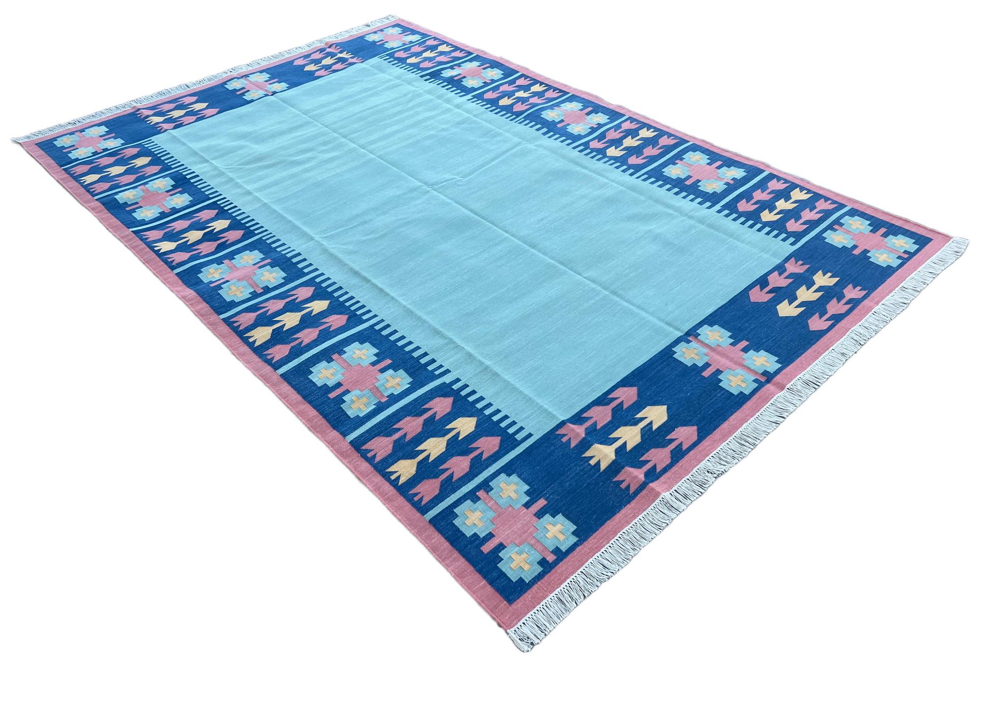 Hand-Woven Handmade Cotton Area Flat Weave Rug, Sky Blue & Pink Leaf Pattern Indian Dhurrie For Sale