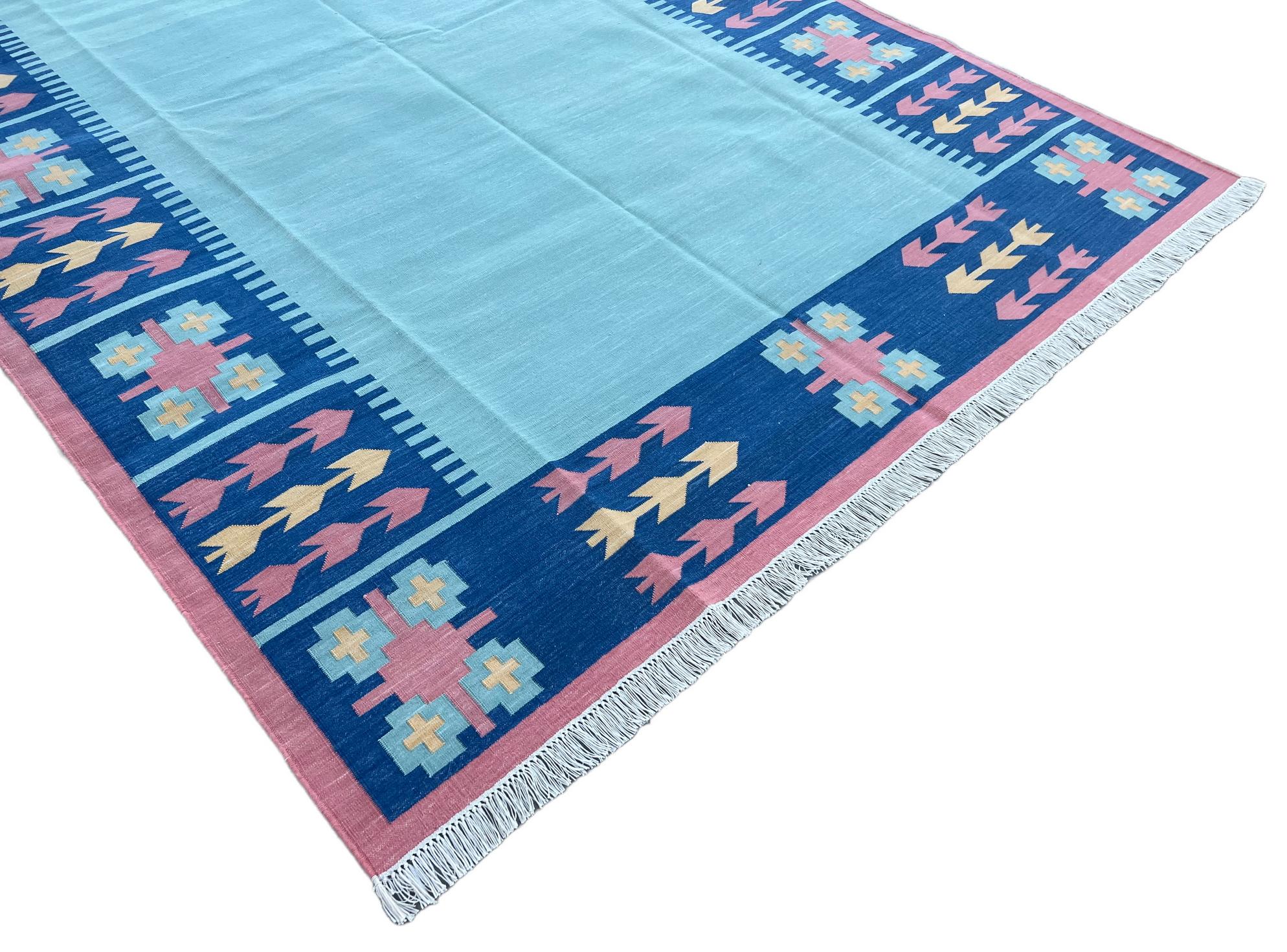 Contemporary Handmade Cotton Area Flat Weave Rug, Sky Blue & Pink Leaf Pattern Indian Dhurrie For Sale
