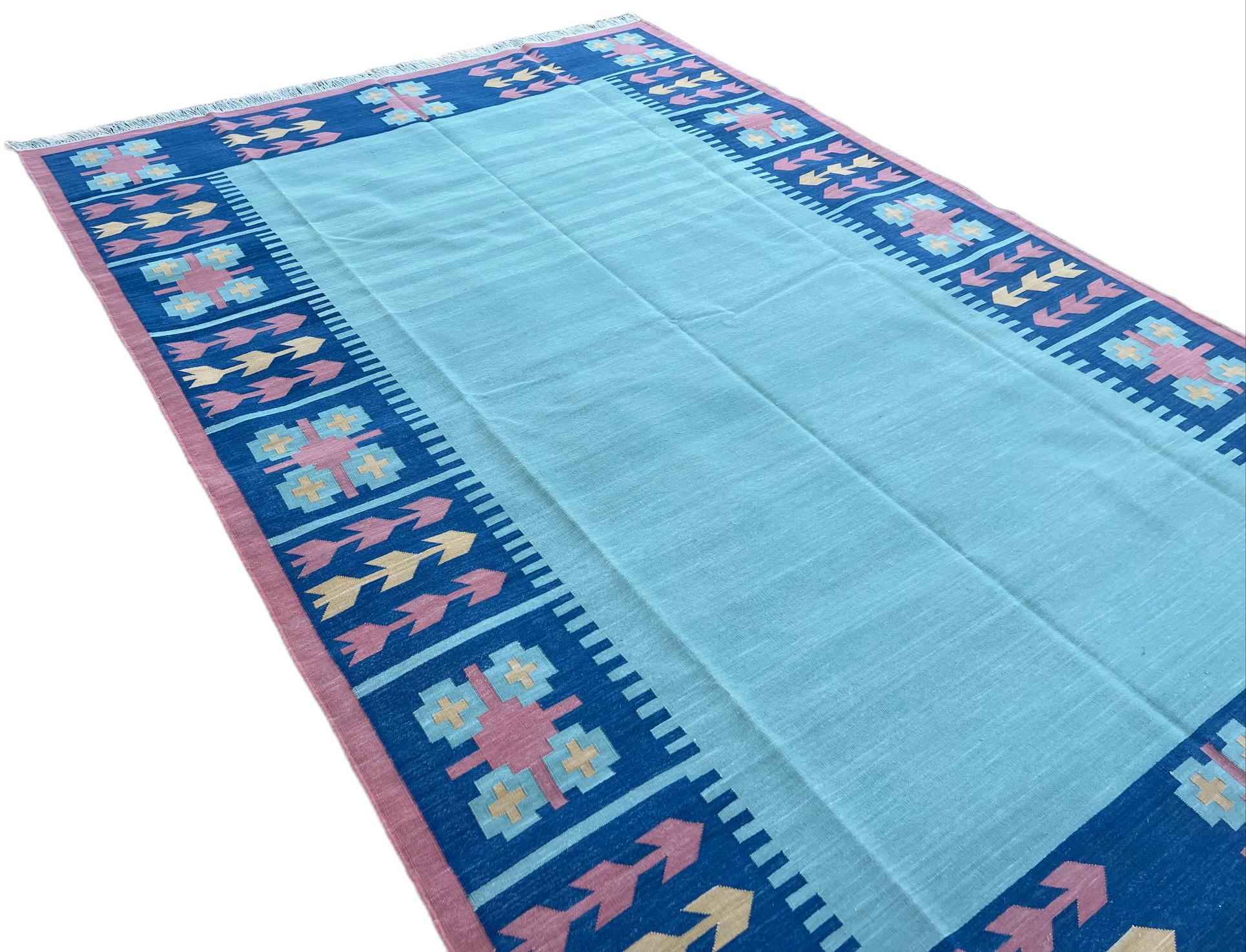 Handmade Cotton Area Flat Weave Rug, Sky Blue & Pink Leaf Pattern Indian Dhurrie For Sale 1