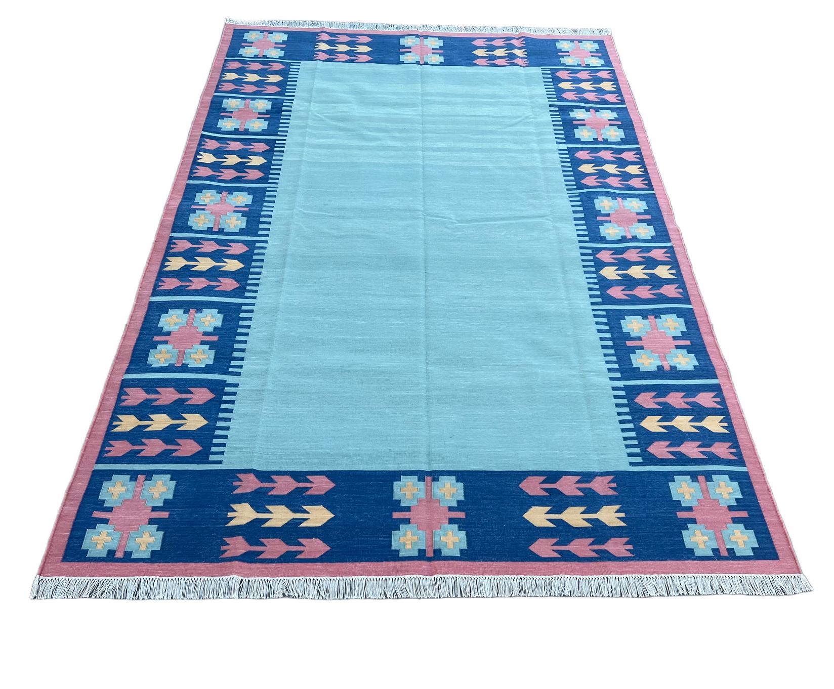 Handmade Cotton Area Flat Weave Rug, Sky Blue & Pink Leaf Pattern Indian Dhurrie For Sale 2