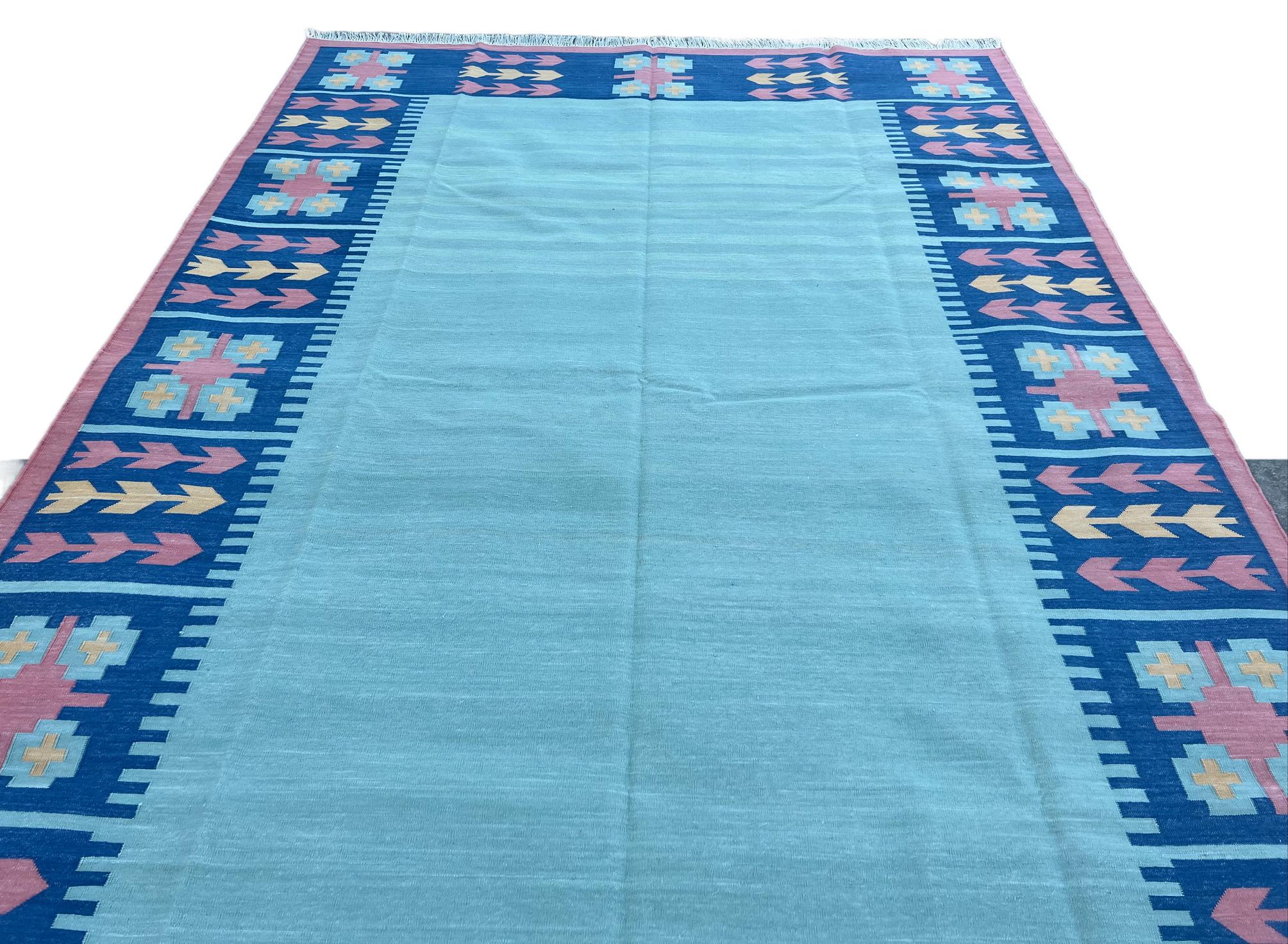 Handmade Cotton Area Flat Weave Rug, Sky Blue & Pink Leaf Pattern Indian Dhurrie For Sale 3