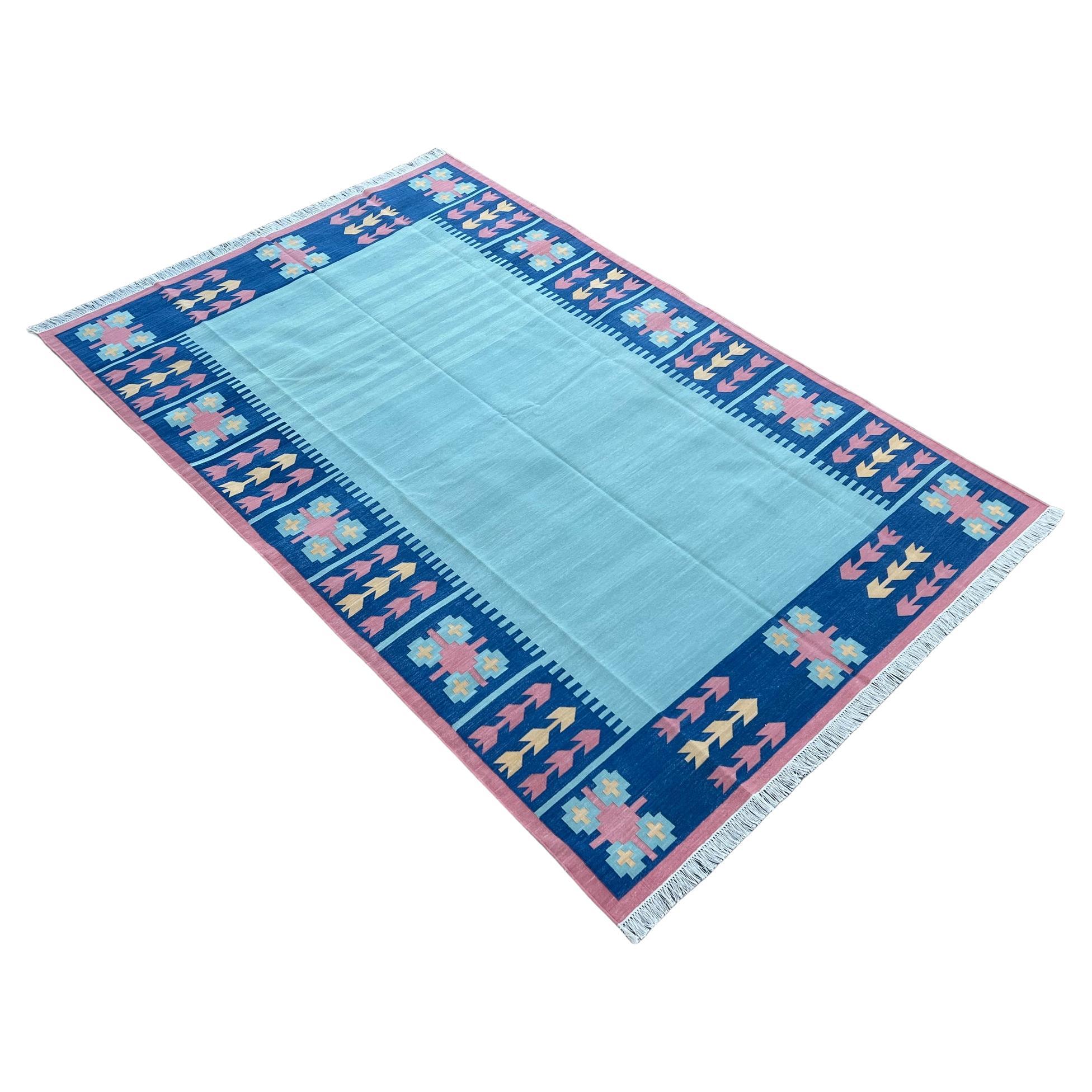 Handmade Cotton Area Flat Weave Rug, Sky Blue & Pink Leaf Pattern Indian Dhurrie For Sale
