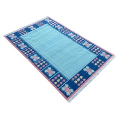 Handmade Cotton Area Flat Weave Rug, Sky Blue & Pink Leaf Pattern Indian Dhurrie