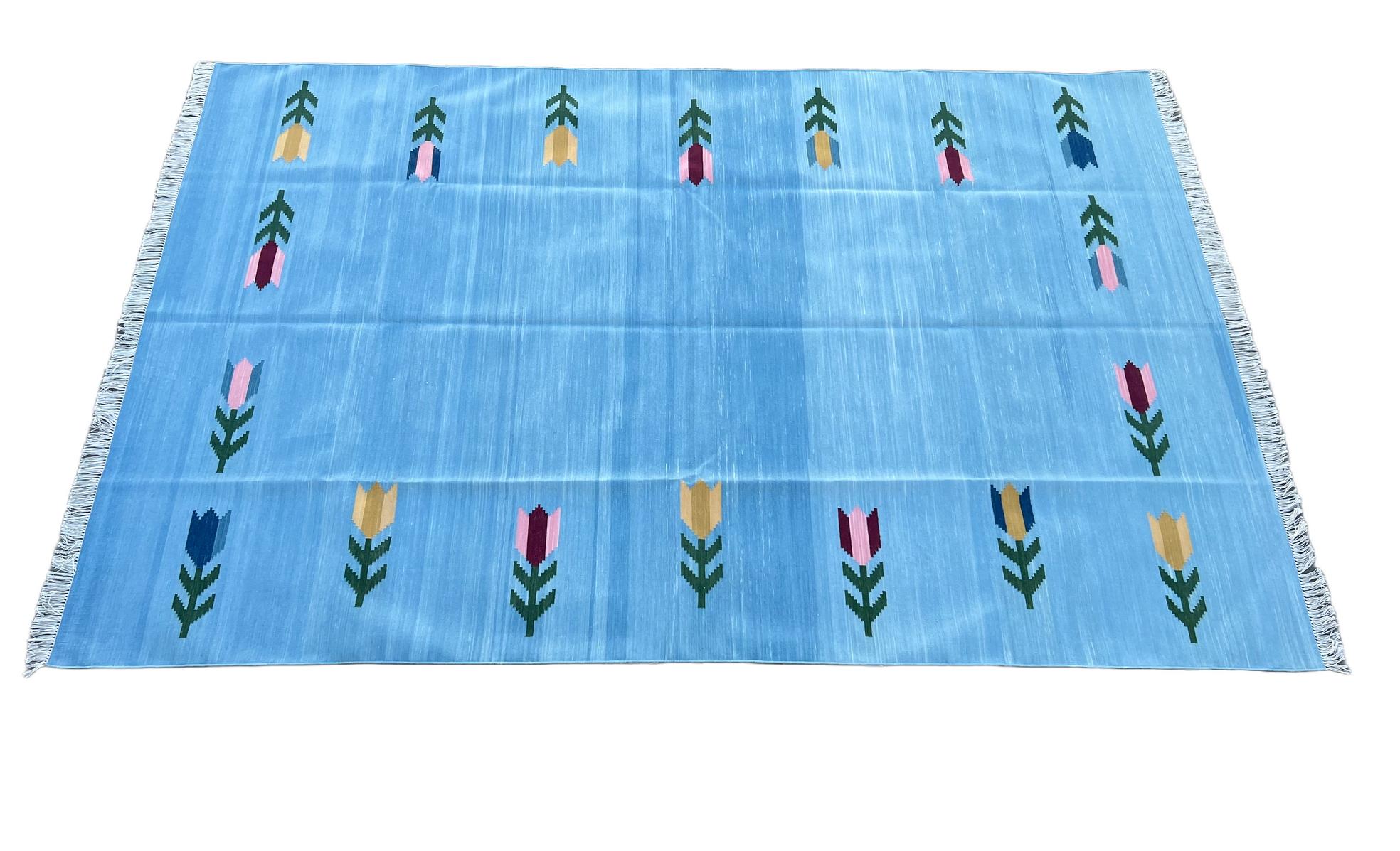 Mid-Century Modern Handmade Cotton Area Flat Weave Rug, Sky Blue & Red Leaf Pattern Indian Dhurrie For Sale