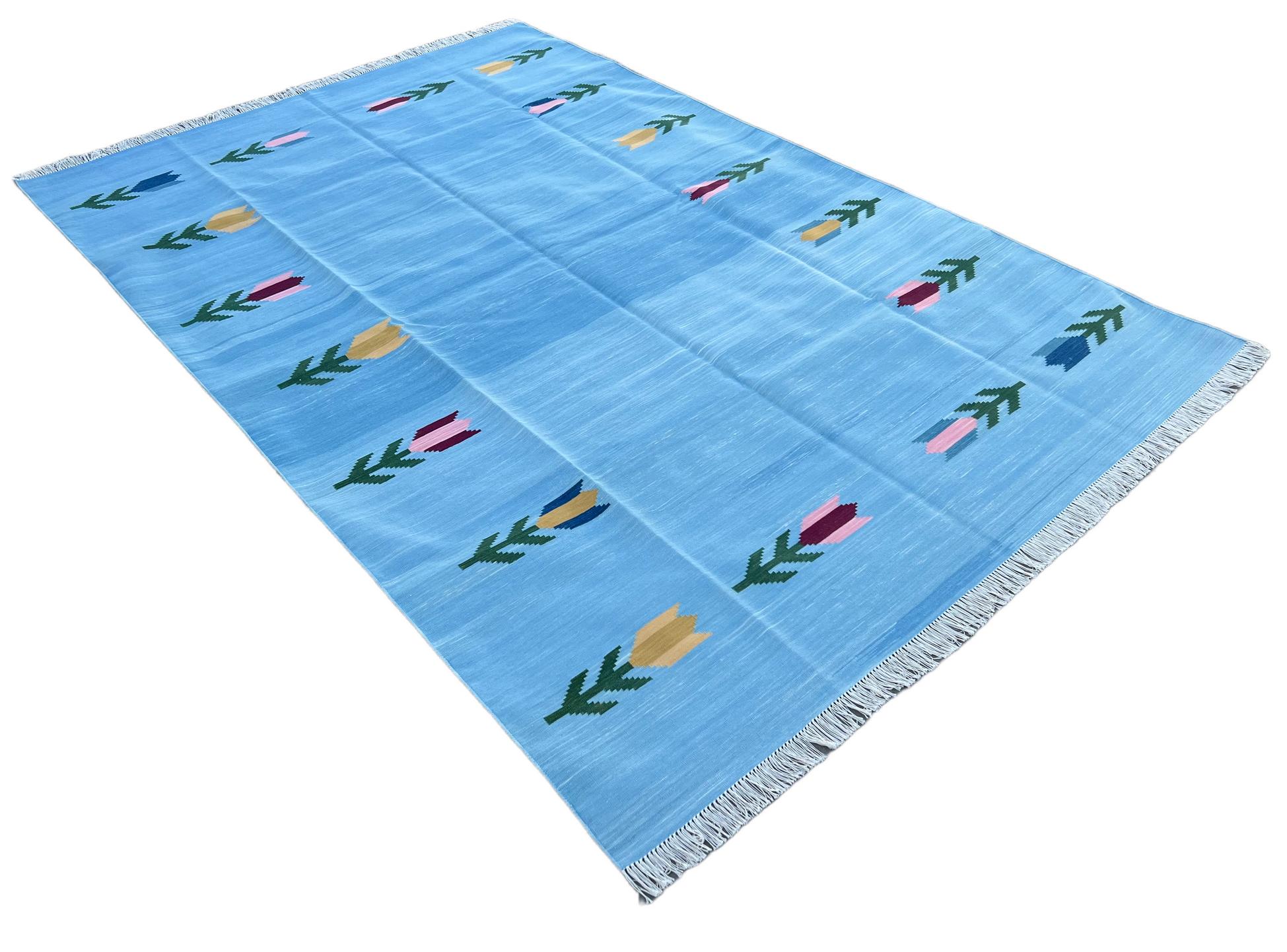 Hand-Woven Handmade Cotton Area Flat Weave Rug, Sky Blue & Red Leaf Pattern Indian Dhurrie For Sale