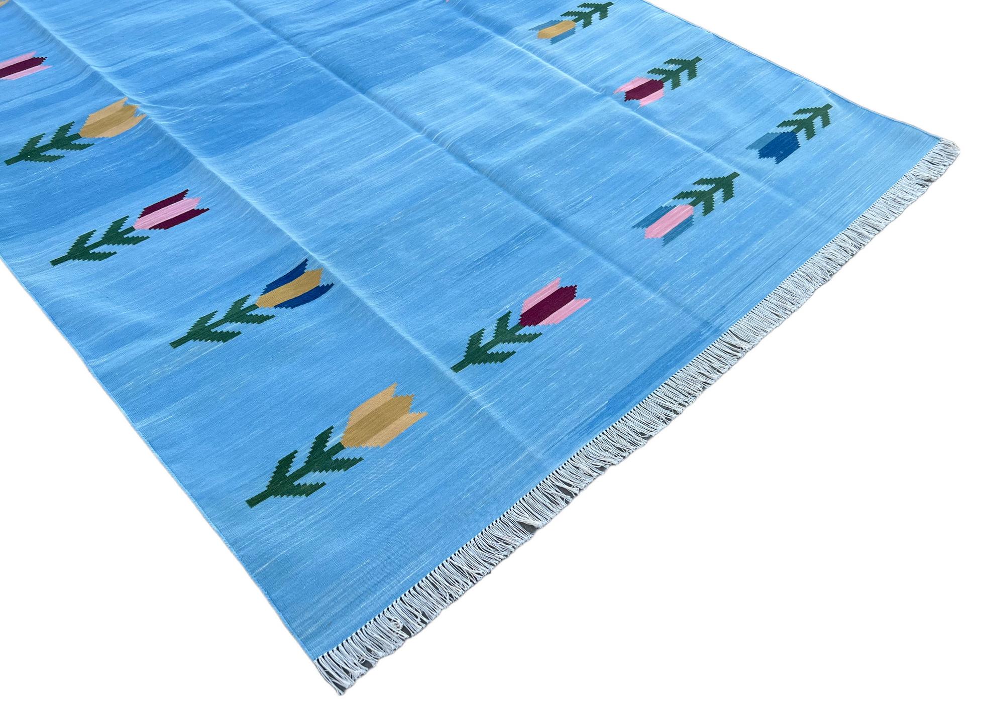 Contemporary Handmade Cotton Area Flat Weave Rug, Sky Blue & Red Leaf Pattern Indian Dhurrie For Sale