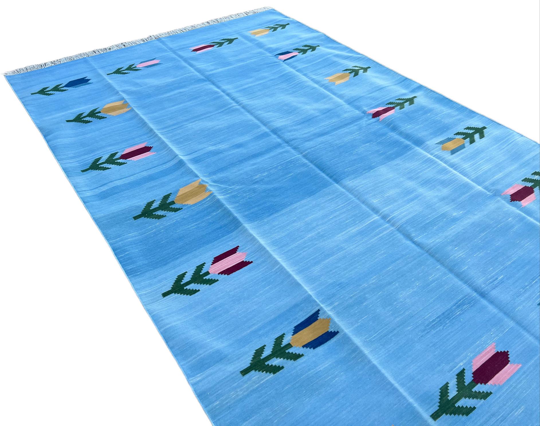 Handmade Cotton Area Flat Weave Rug, Sky Blue & Red Leaf Pattern Indian Dhurrie For Sale 1