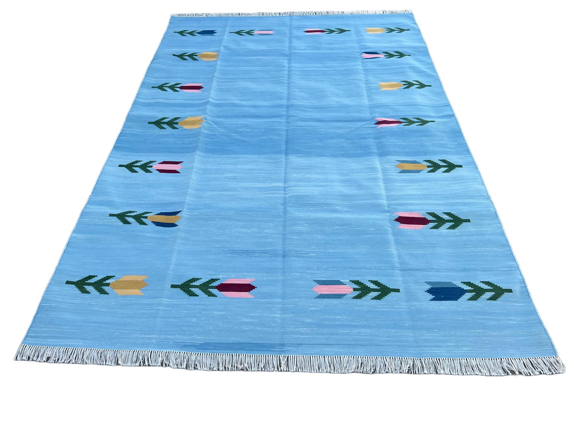 Handmade Cotton Area Flat Weave Rug, Sky Blue & Red Leaf Pattern Indian Dhurrie For Sale 2