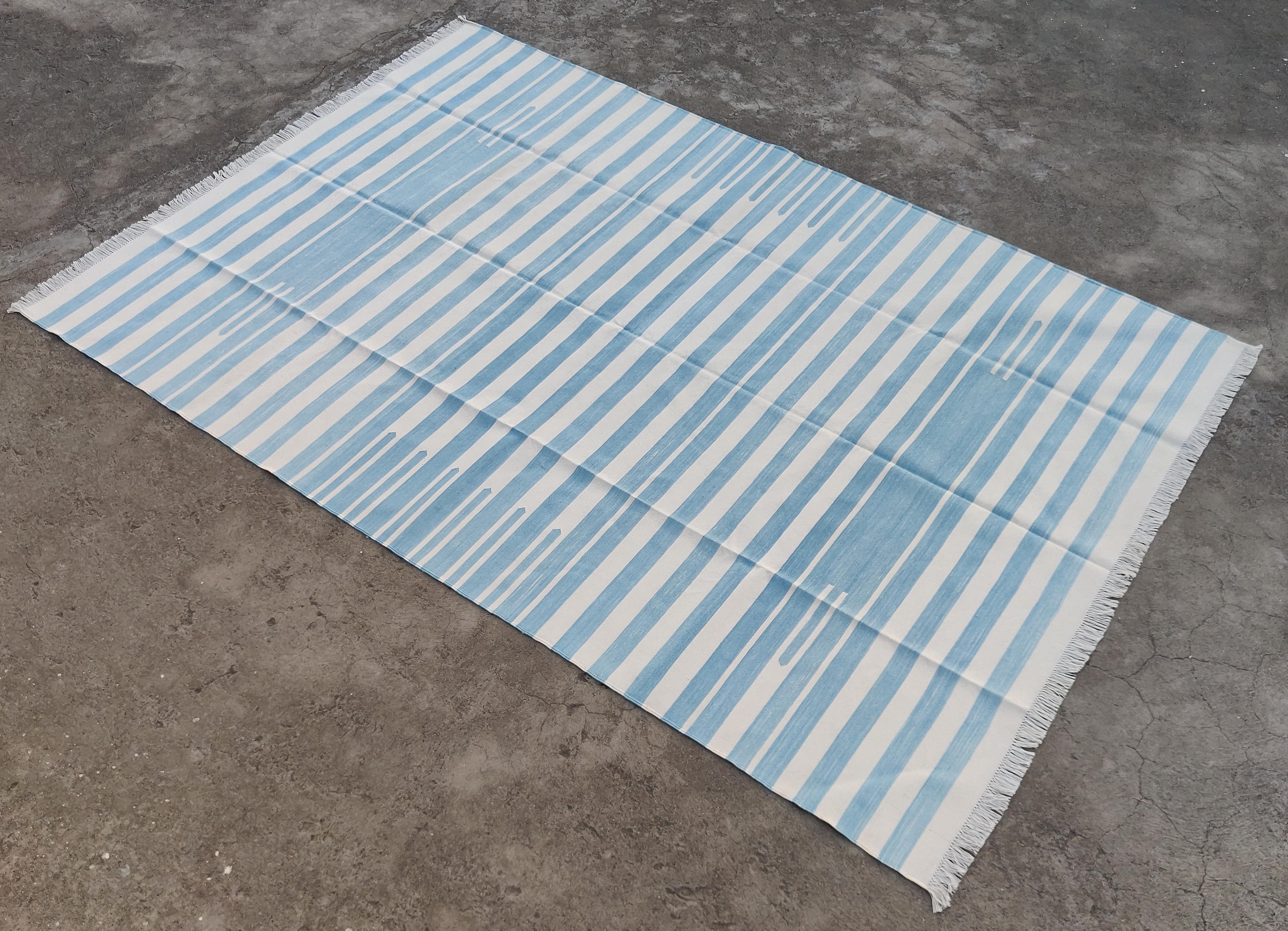 Handmade Cotton Area Flat Weave Rug, Sky Blue & White Striped Indian Dhurrie Rug For Sale 5