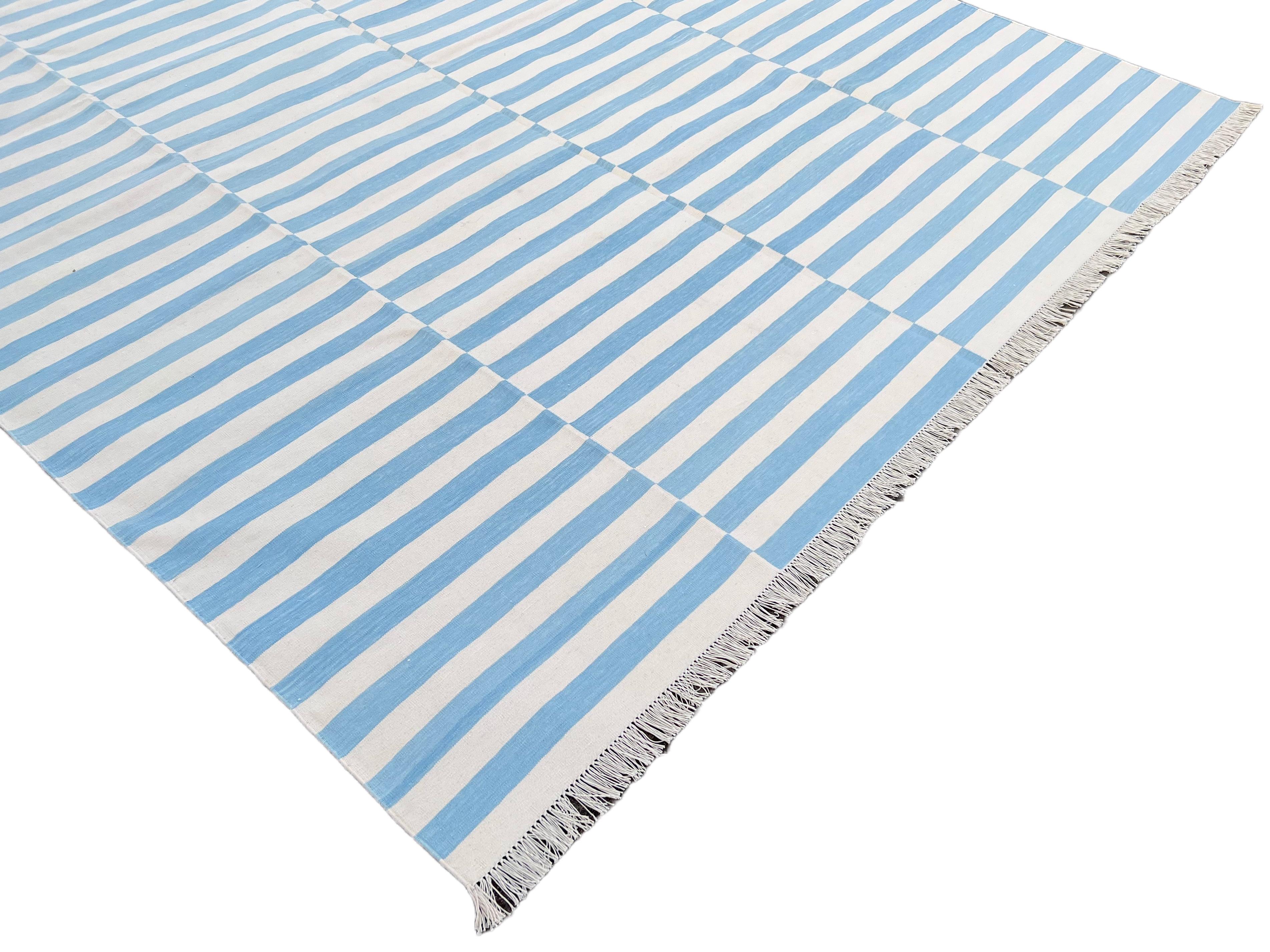 Handmade Cotton Area Flat Weave Rug, Sky Blue & White Striped Indian Dhurrie Rug For Sale 5