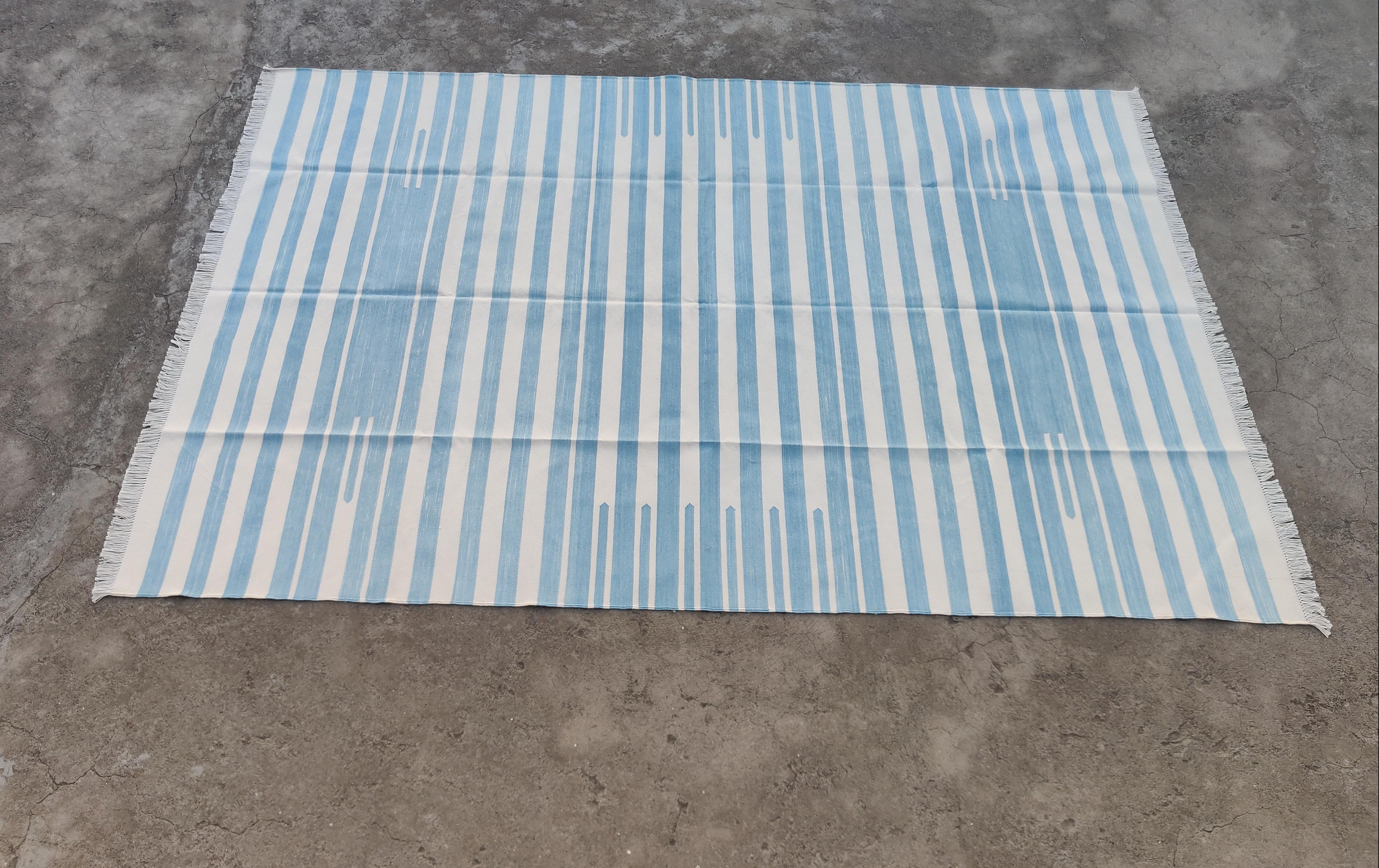 Handmade Cotton Area Flat Weave Rug, Sky Blue & White Striped Indian Dhurrie Rug For Sale 6