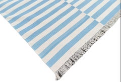 Handmade Cotton Area Flat Weave Rug, Sky Blue & White Striped Indian Dhurrie Rug