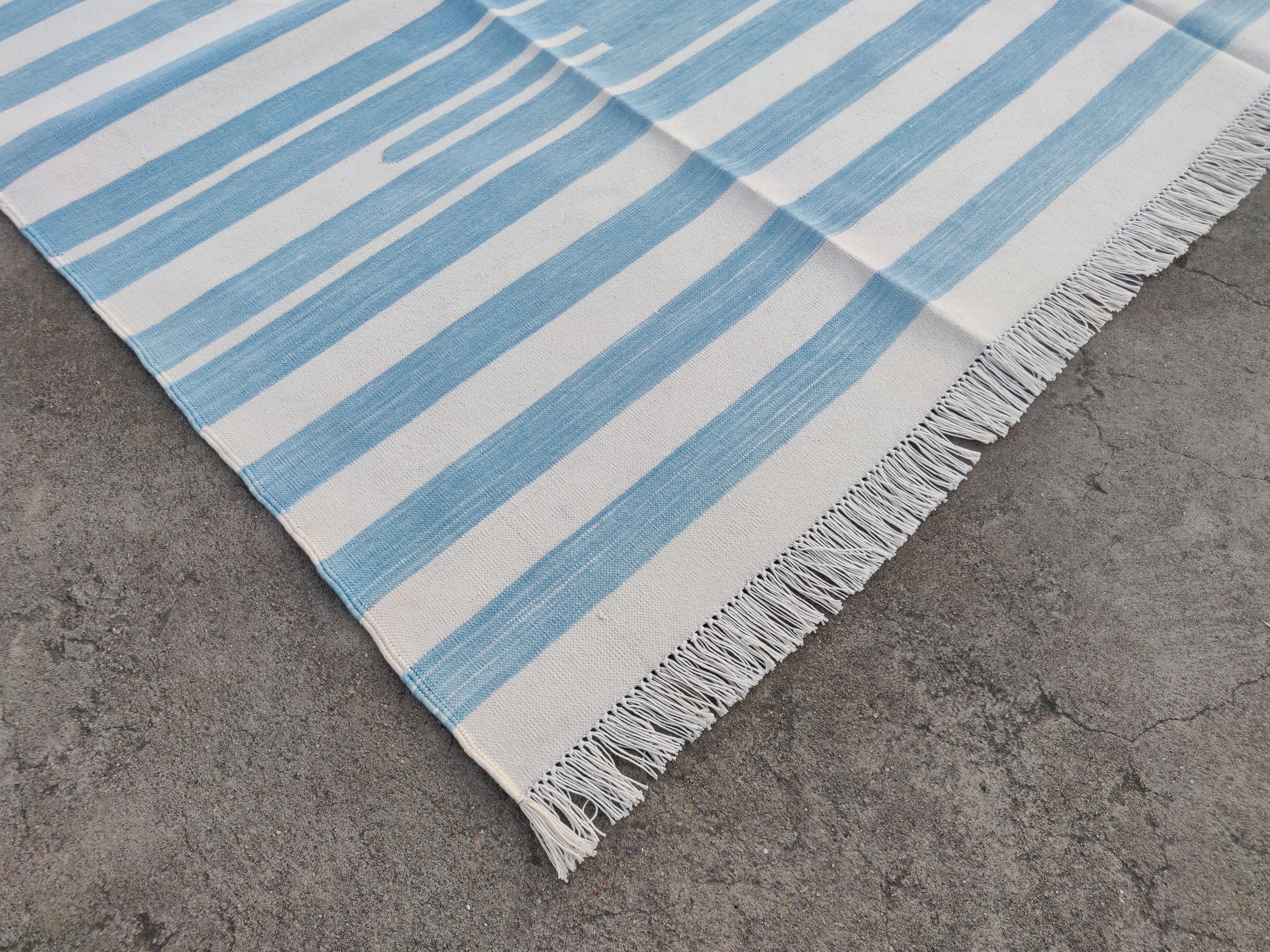 Mid-Century Modern Handmade Cotton Area Flat Weave Rug, Sky Blue & White Striped Indian Dhurrie Rug For Sale