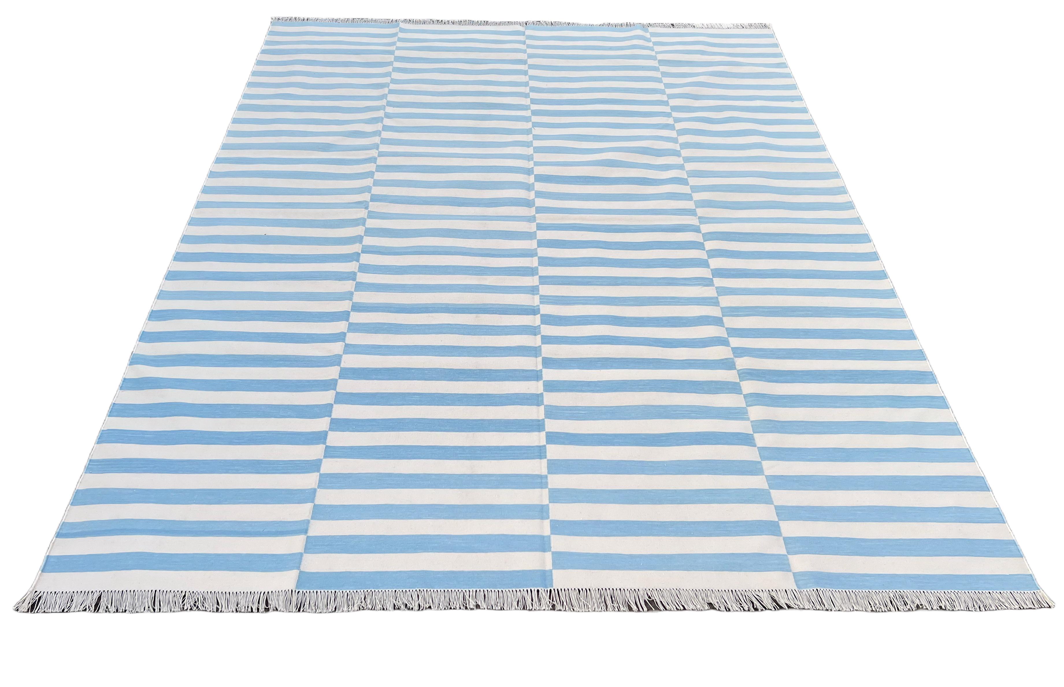 Hand-Woven Handmade Cotton Area Flat Weave Rug, Sky Blue & White Striped Indian Dhurrie Rug For Sale