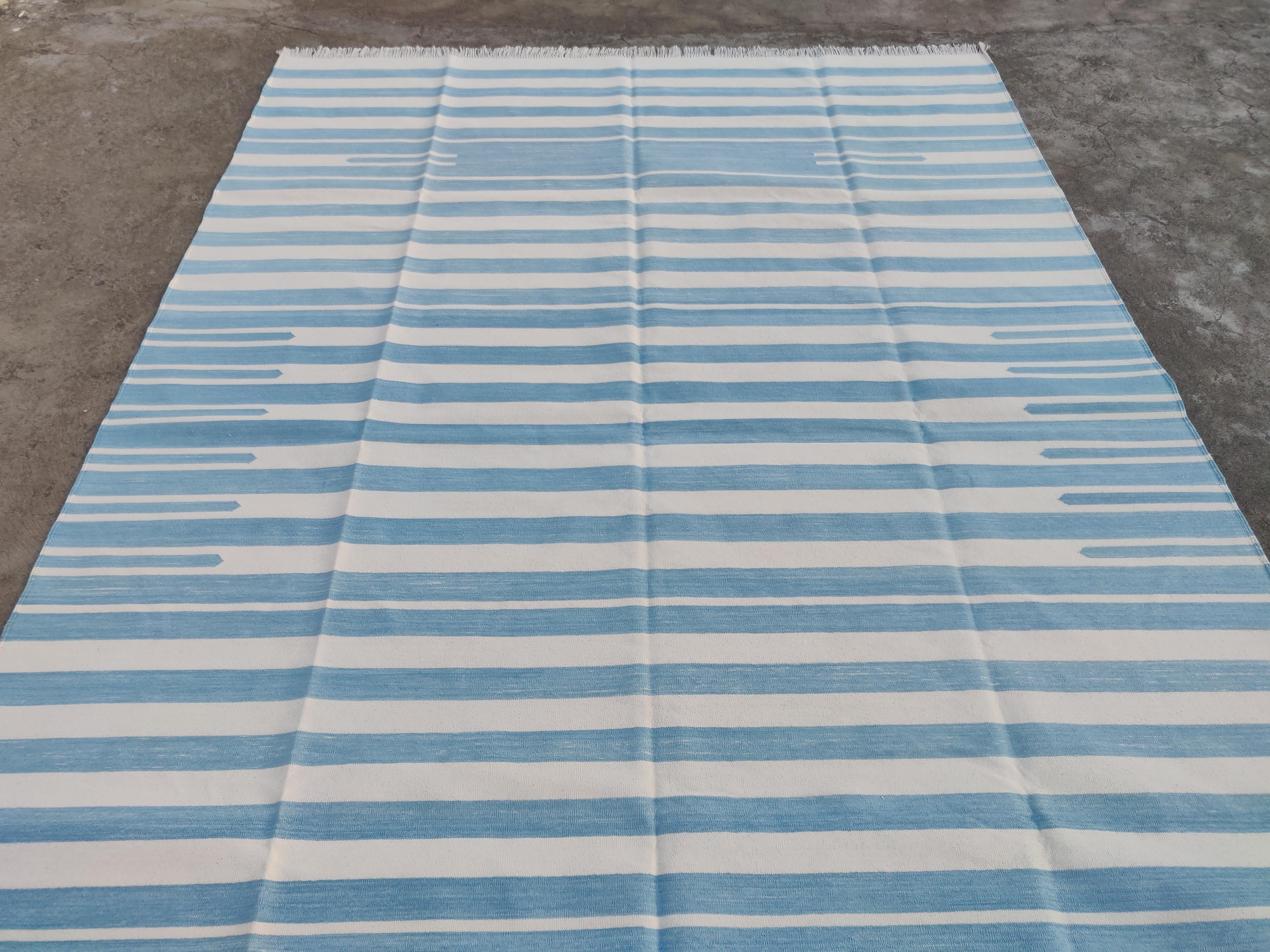 Contemporary Handmade Cotton Area Flat Weave Rug, Sky Blue & White Striped Indian Dhurrie Rug For Sale