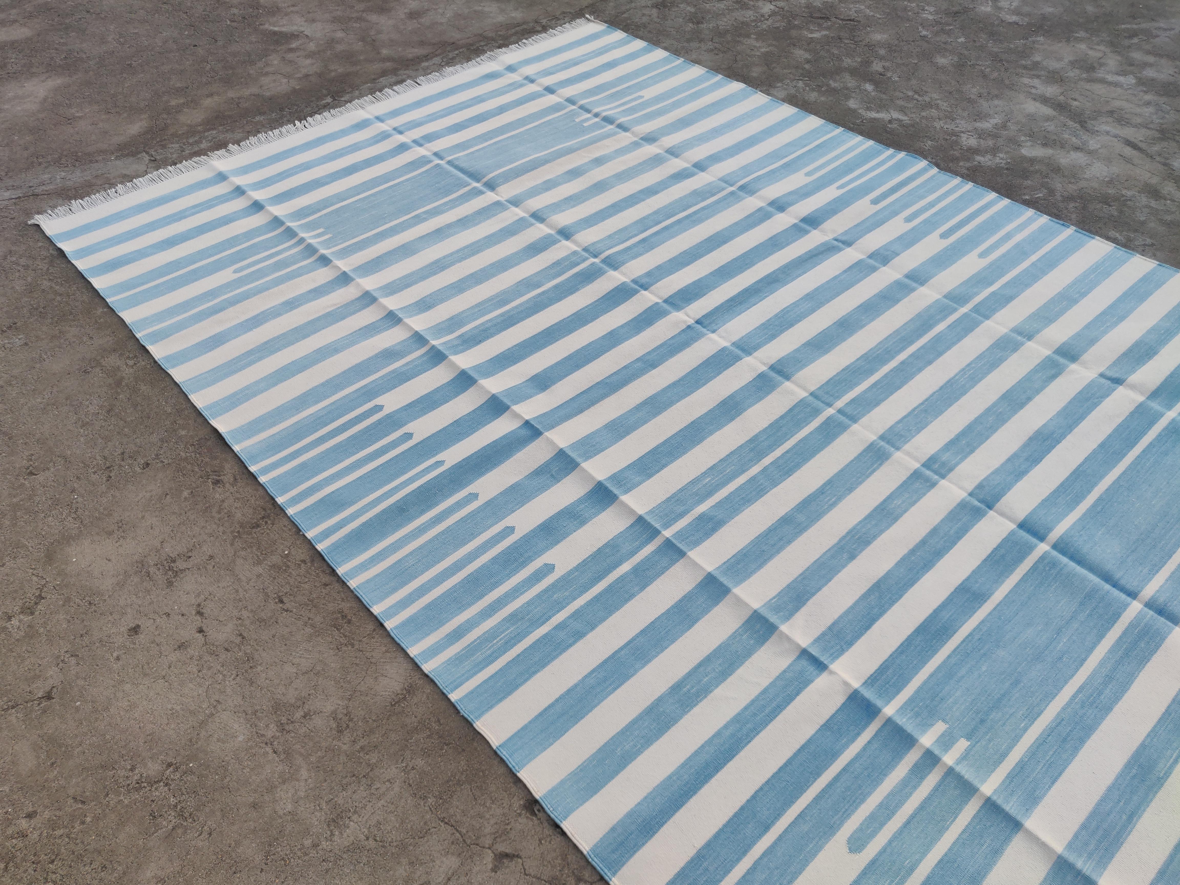 Handmade Cotton Area Flat Weave Rug, Sky Blue & White Striped Indian Dhurrie Rug For Sale 1