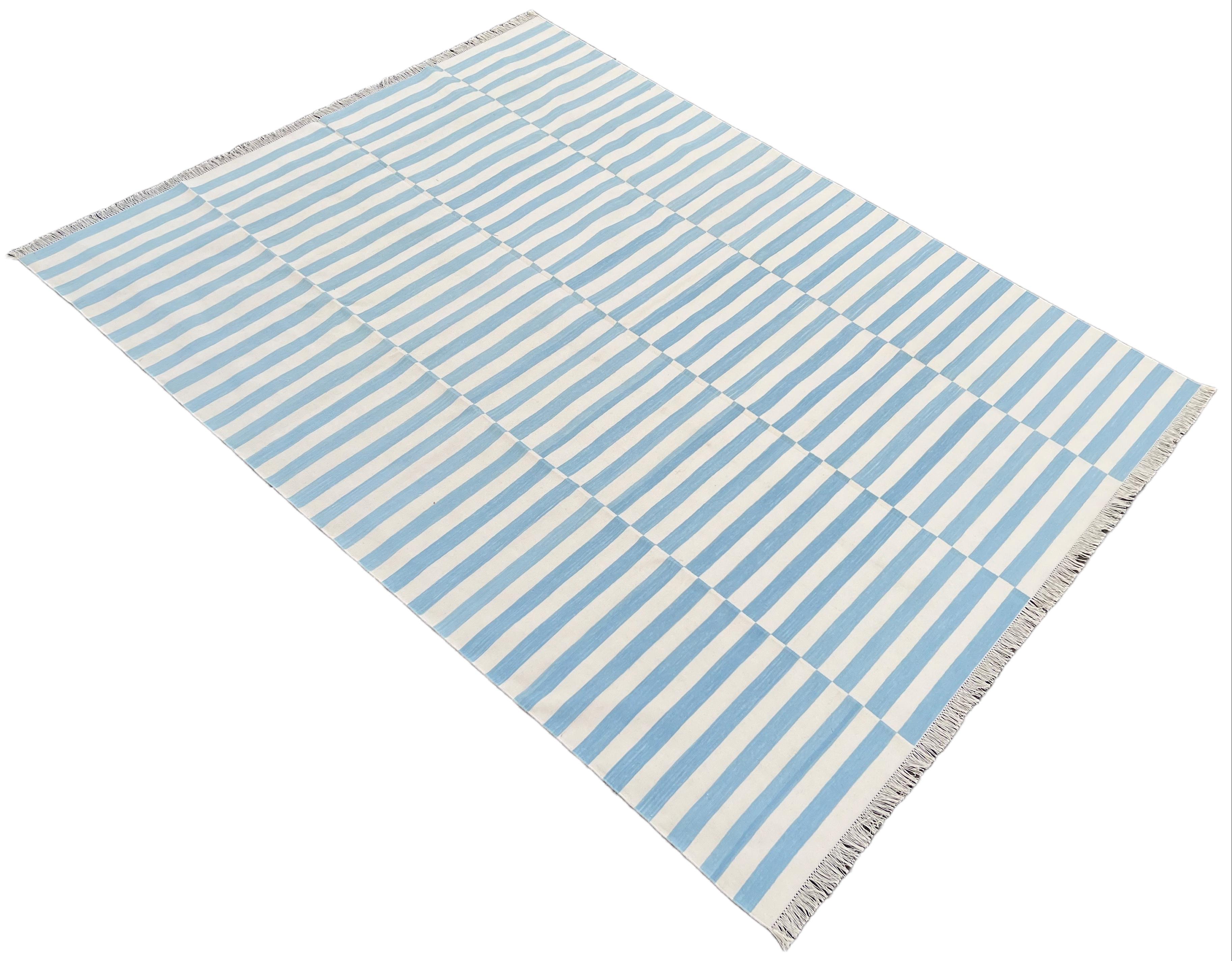 Handmade Cotton Area Flat Weave Rug, Sky Blue & White Striped Indian Dhurrie Rug For Sale 1