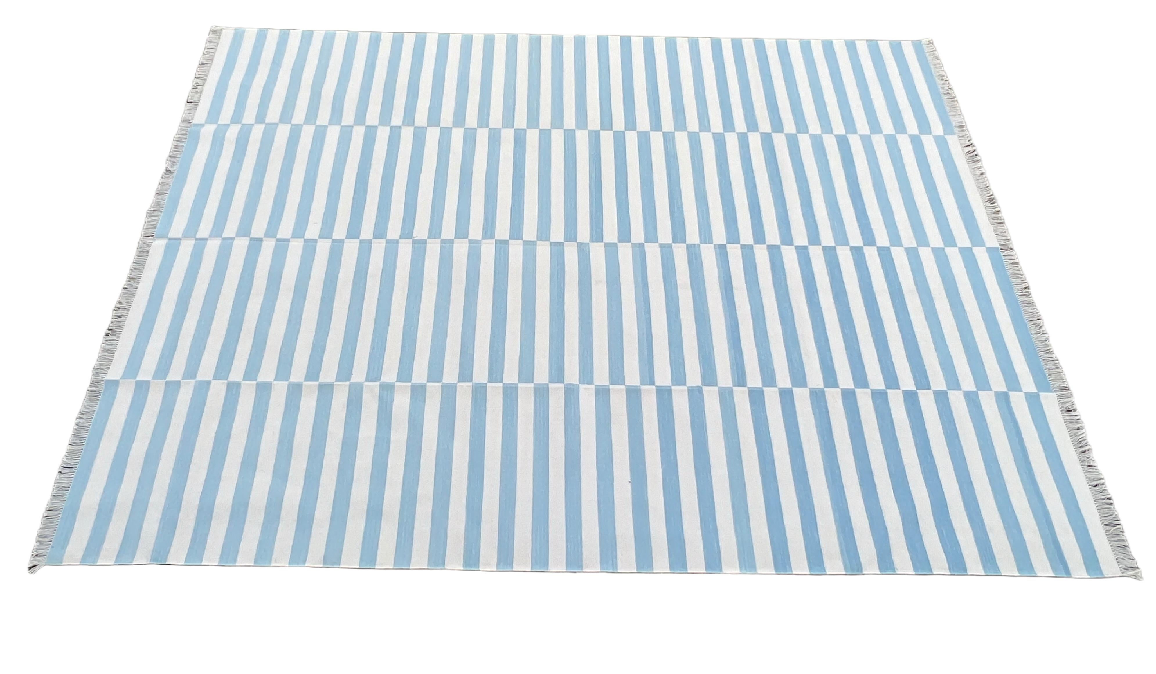 Handmade Cotton Area Flat Weave Rug, Sky Blue & White Striped Indian Dhurrie Rug For Sale 2