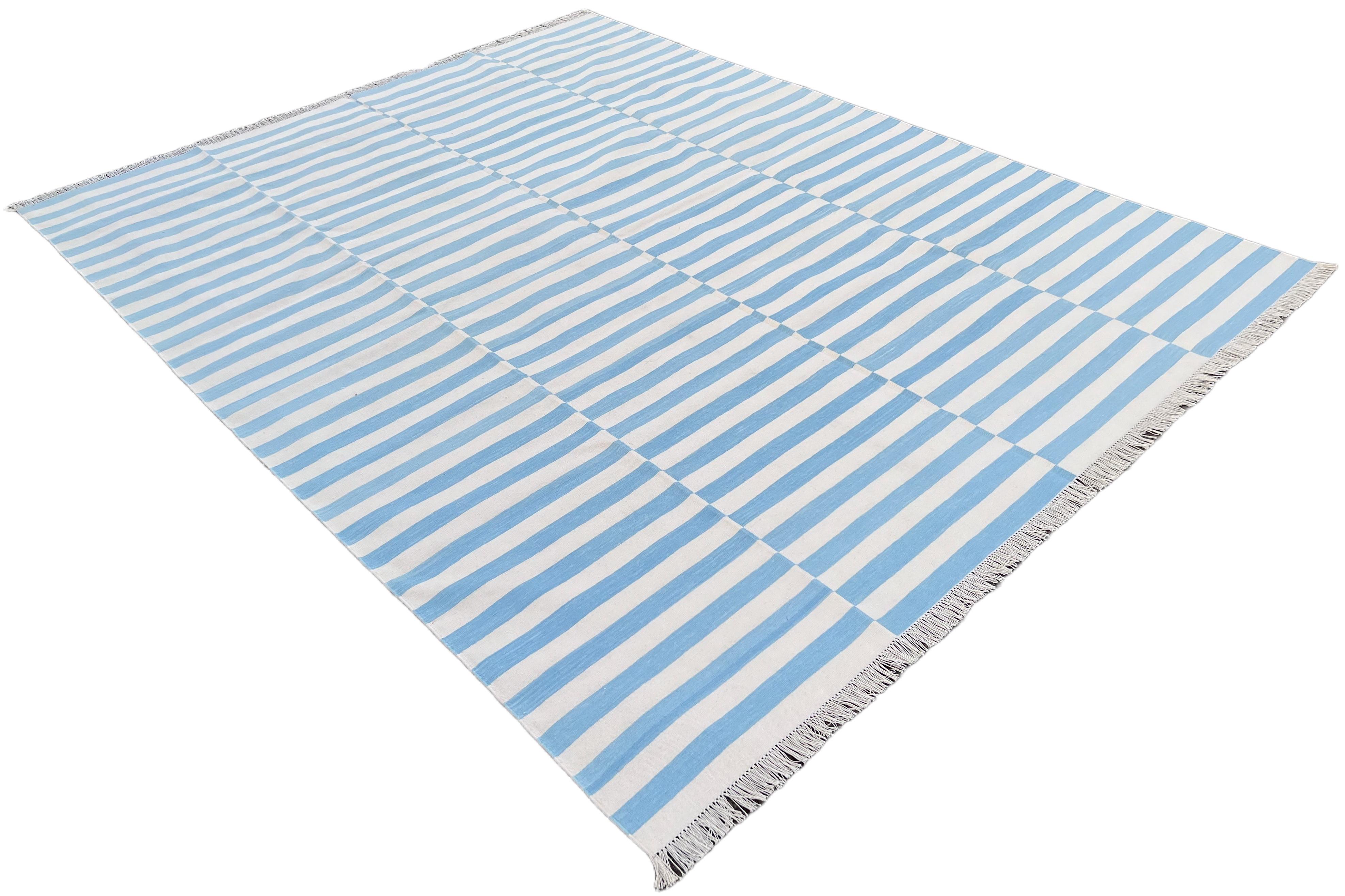 Handmade Cotton Area Flat Weave Rug, Sky Blue & White Striped Indian Dhurrie Rug For Sale 3