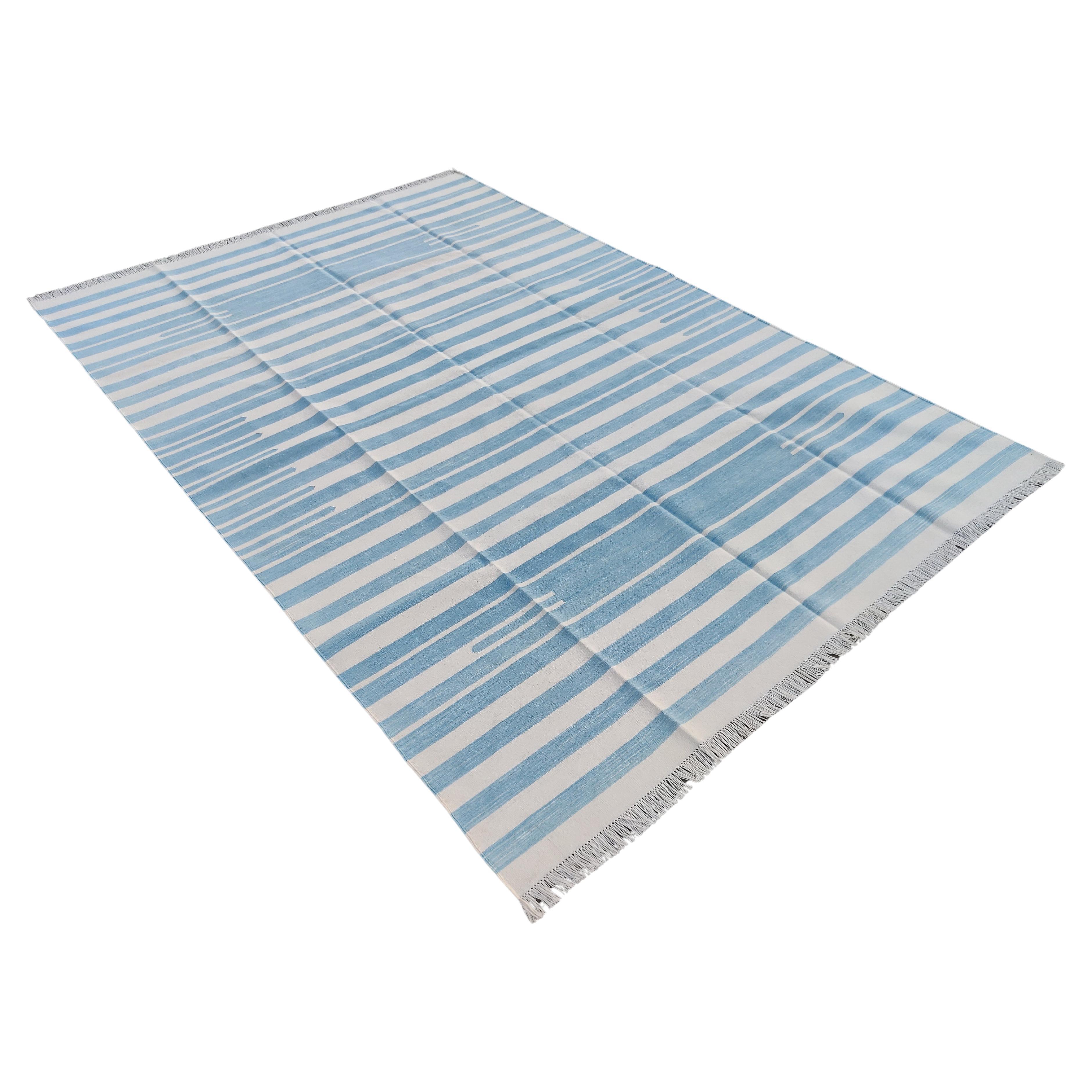 Handmade Cotton Area Flat Weave Rug, Sky Blue & White Striped Indian Dhurrie Rug For Sale