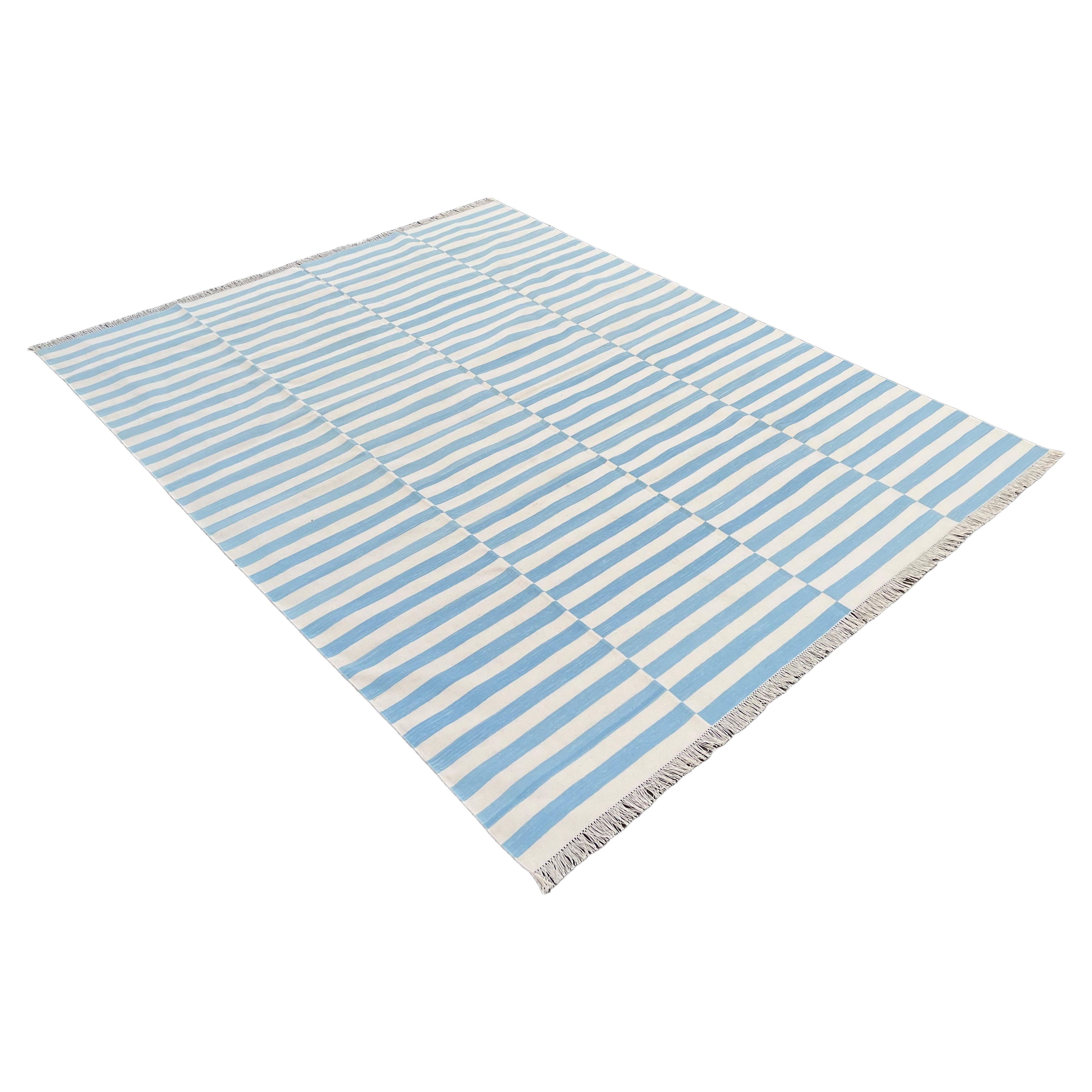 Handmade Cotton Area Flat Weave Rug, Sky Blue & White Striped Indian Dhurrie Rug For Sale