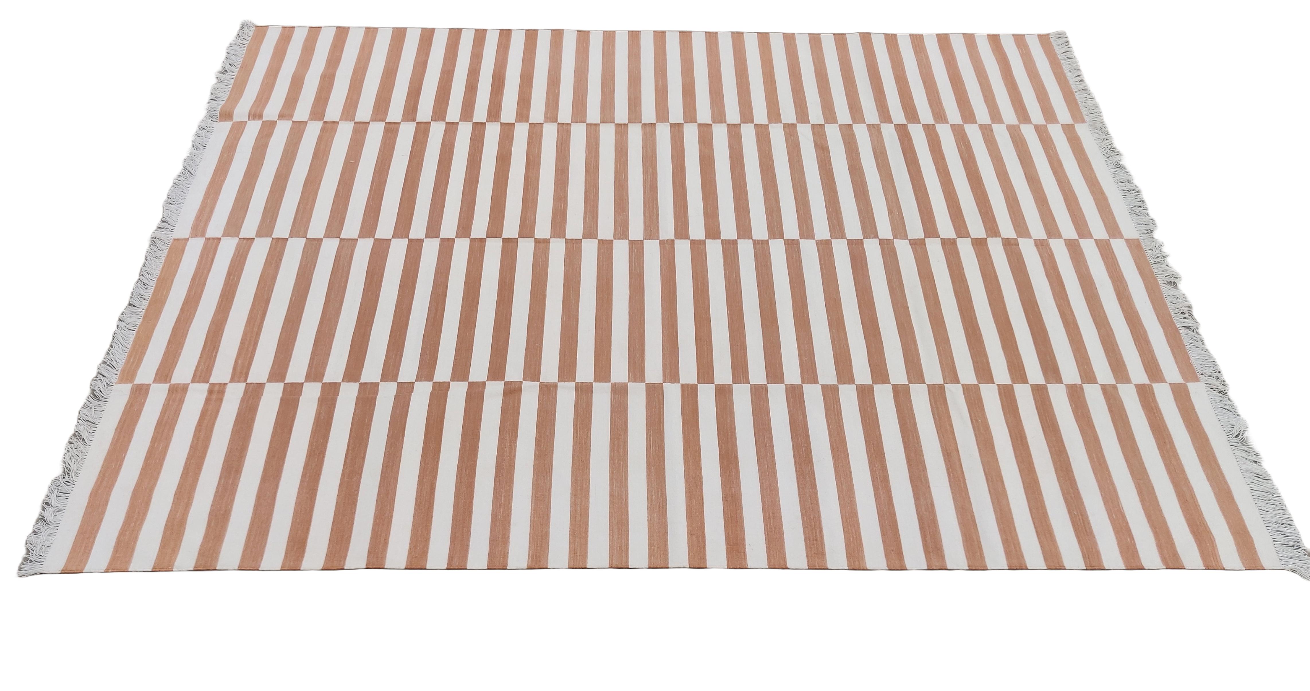 Mid-Century Modern Handmade Cotton Area Flat Weave Rug, Tan & White Up down Striped Indian Dhurrie For Sale